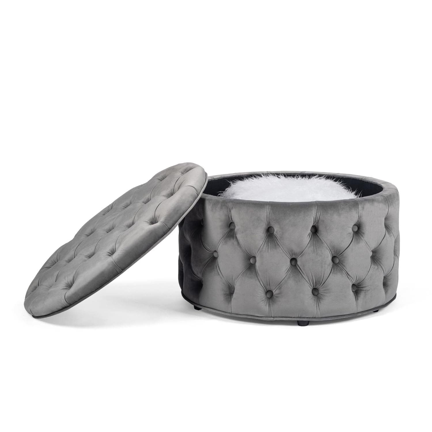 28 Inch Round Velvet Storage Ottoman, Button Tufted Footrest Stool Coffee Table for Living Room (Grey)