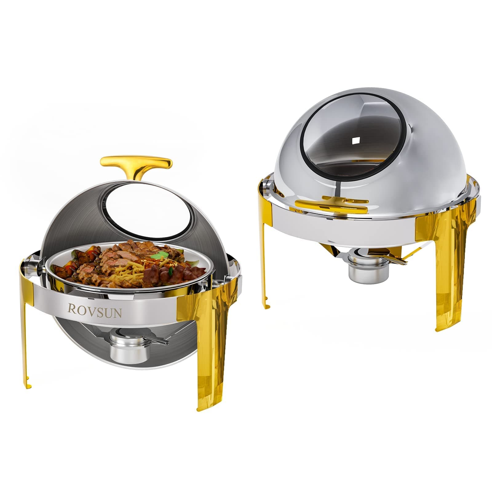 6 Quart 2 Packs Round Chafing Dish Buffet Set Gold Accent, Stainless Steel Roll Top Chafer for Catering, Food Warmer with Glass Window for Party Wedding Catering Banquet Graduation Event