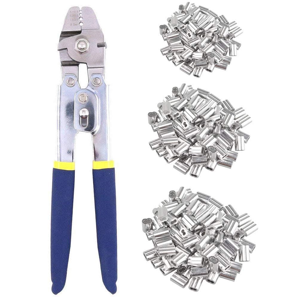 TooTaci Wire Rope Cable Crimping Tool, Wire Rope Swaging Tool with Cutting Function, Cable Crimper Up to 2.2mm (3/32 inch) with 200pcs 3 Size Aluminum Double Barrel Ferrule Crimping Loop Sleeves