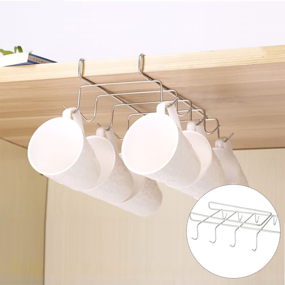 Mug Holder Cup Hanger Under Shelf Cabinet Coffee Kitchen Storage Rack Cupboard Chrome Silver 10 Hooks Stainless Steel
