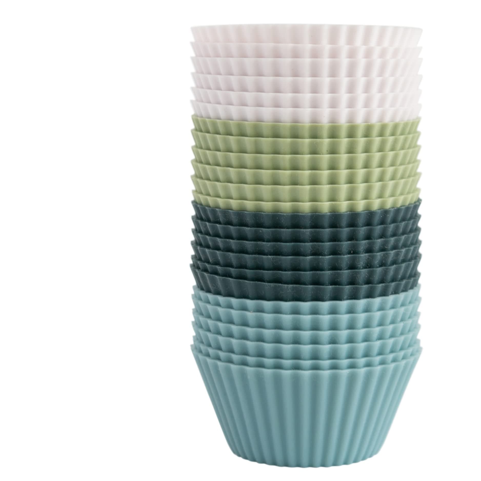 Reusable Silicone Baking Cup Silicone Muffin Liners for Cupcakes, BPA Free, Regular, 24 Pack, White Blue Green