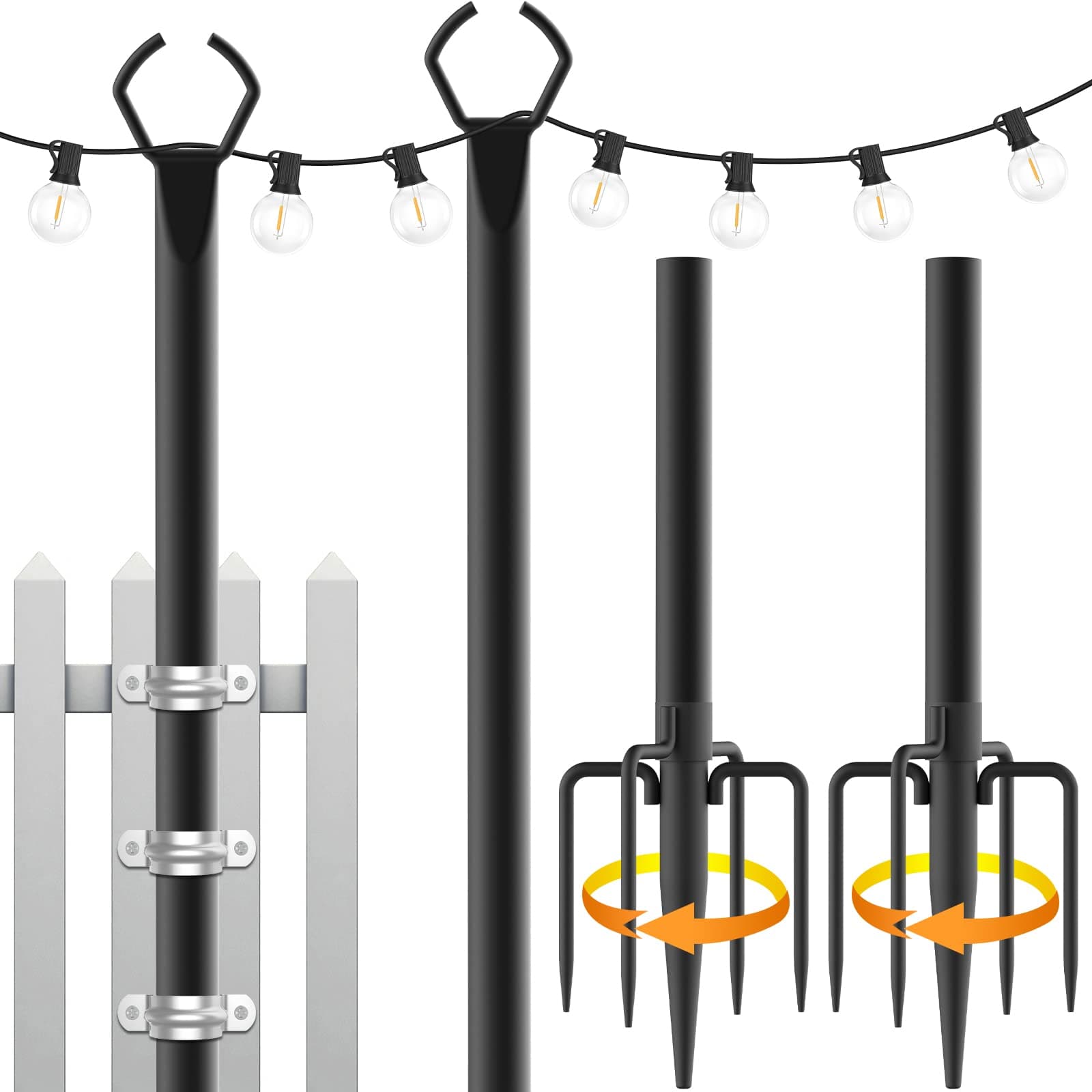 Mutovlin 2 Pack String Light Poles,10 Ft Light Poles for Outside String Lights,Outdoor Lights Pole with Fork,Metal Poles Stand for Patio Deck Backyard (10FT 2 Pack)