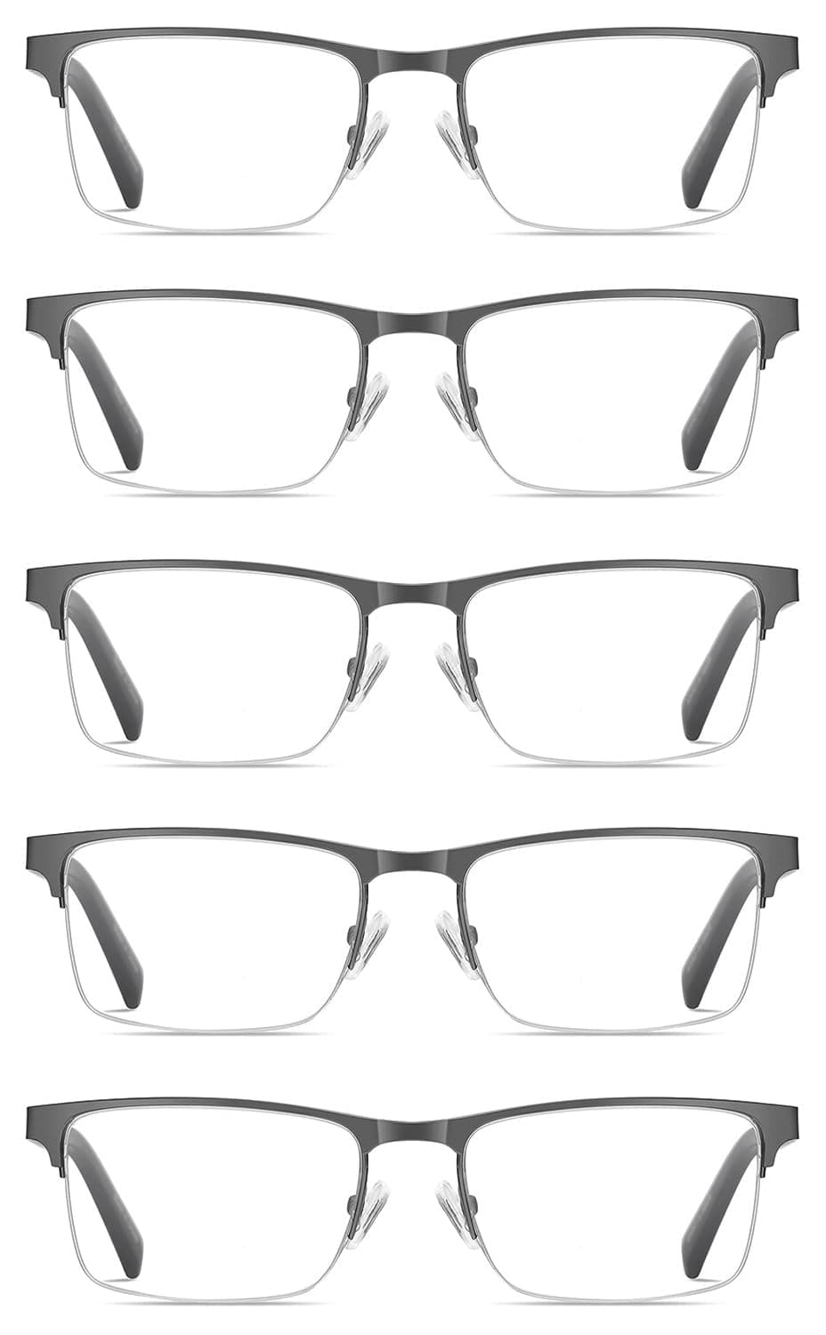 5-Pack Reading Glasses for Men Women Blue Light Blocking Metal Gunmetal Half Frame Spring Hinge Anti Eyestrain Anti Glare Eyeglasses Computer Readers 2.50