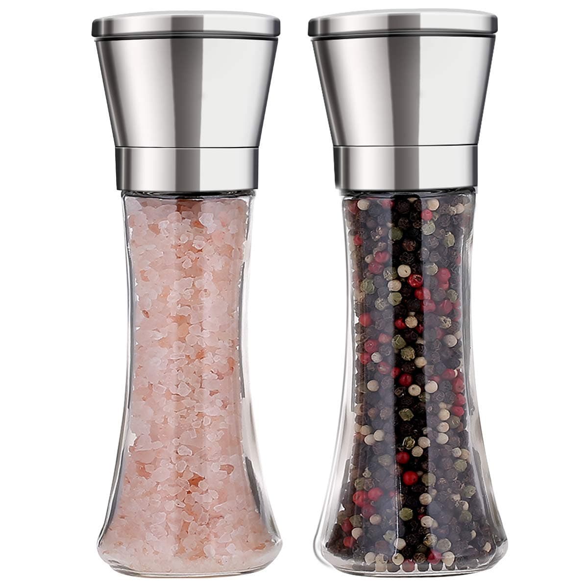 Salt & Pepper Grinder Set with 220 gr Salt Set By DIAMKITCHEN Stainless Steel Himalayan Spice Mill Pair + BONUS: Replacement Glass + 110gr Black Pepper 2 Handheld Grinder Set With Ceramic Blades