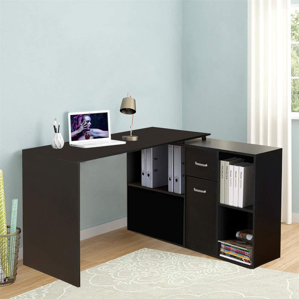 Warmiehomy L-Shaped Office Computer Desk,360°Rotatable Adjustable Corner Computer Desk-PC Table With Storage for Home Workstation (Black)