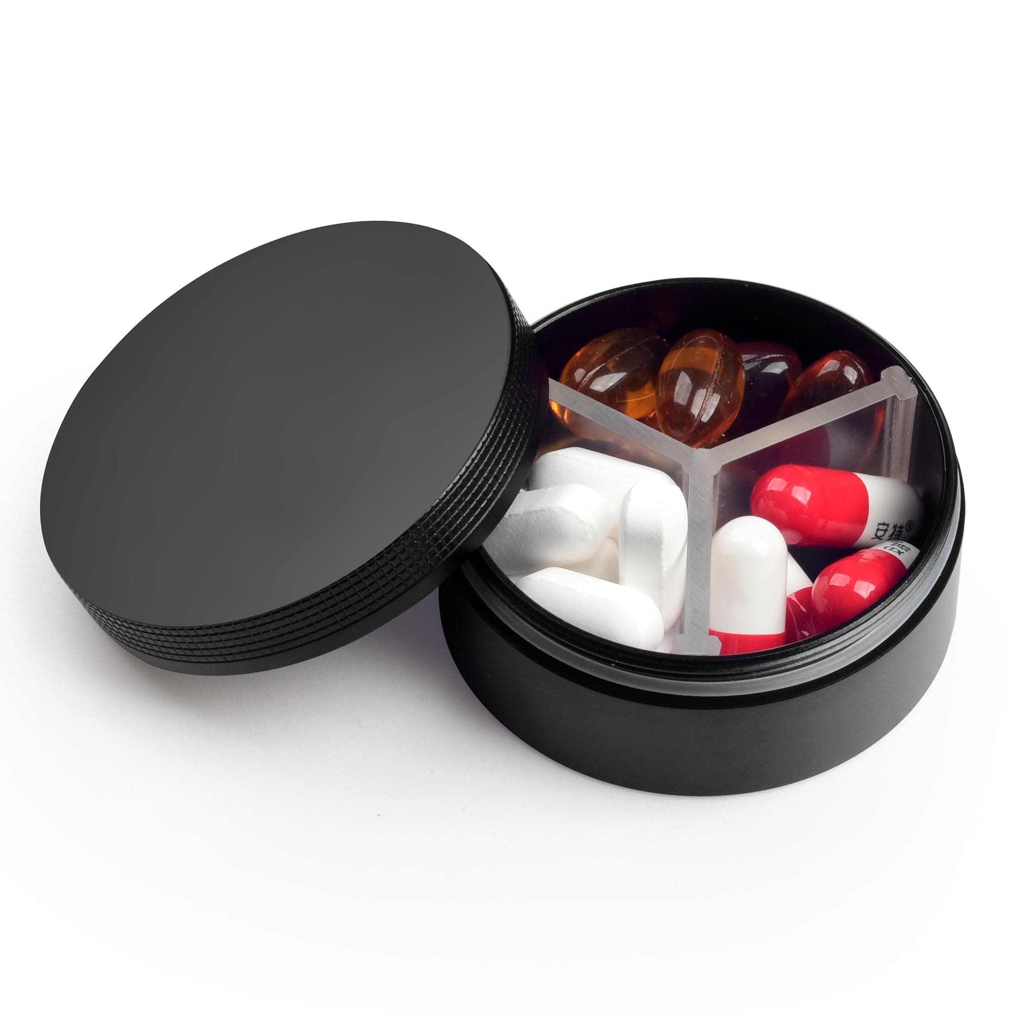 Small Pill Case 3 Compartments, Metal Round Portable Pill Box, Waterproof Travel Pill Organizer, Pocket Purse Medicine Vitamin Holder EDC Container (Black)
