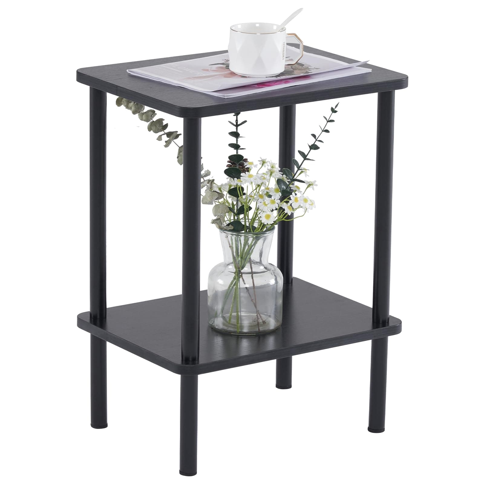 2 Tier End Table, Small Side Table with Solid Wood Legs, Boho Bedside Table with Storage Shelf, Nightstand for Small Spaces, Bedroom, Living Room, Entryway, Farmhouse, Easy Assembly, Black