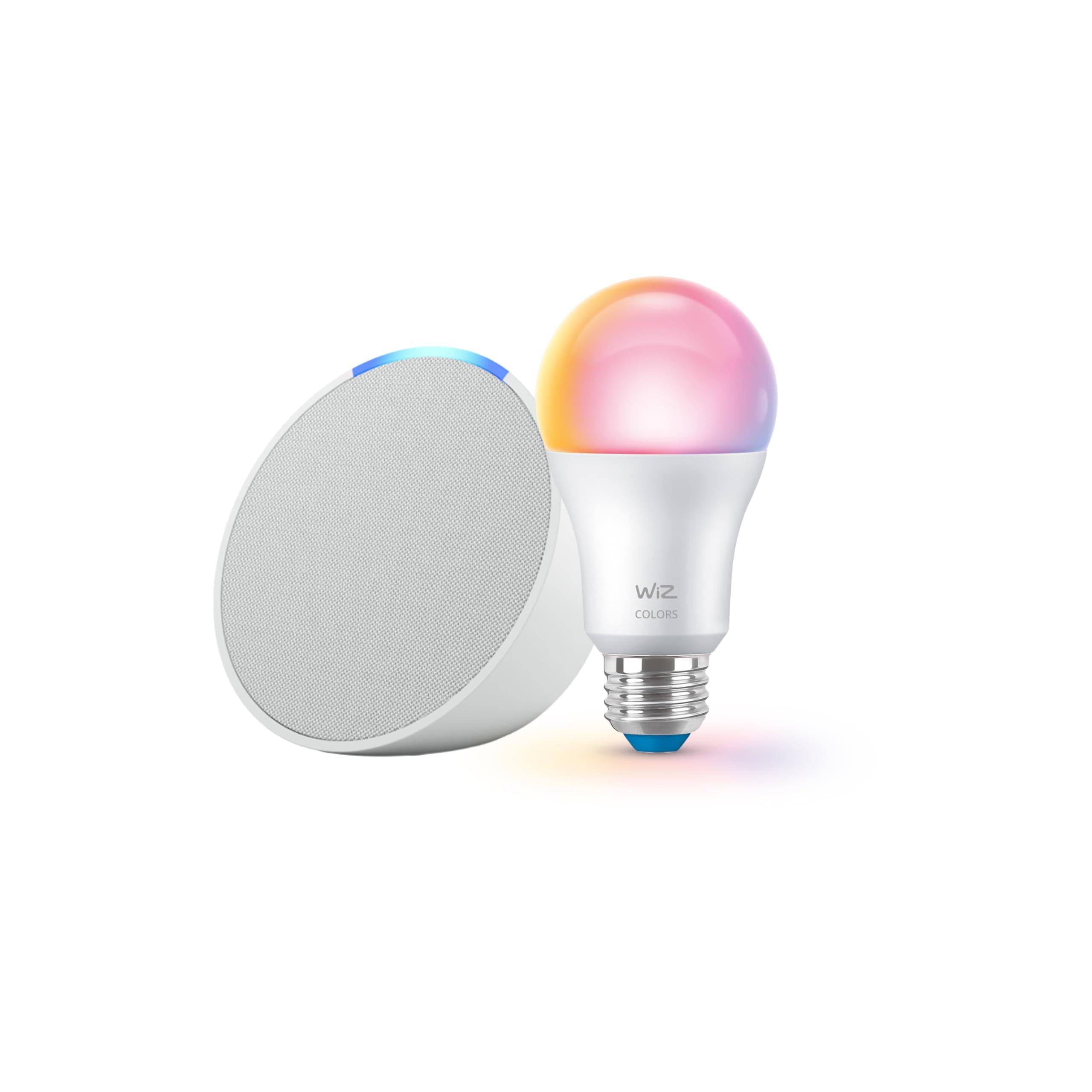 Echo Pop (newest model) with WiZ 60W A19 LED Smart Color Bulb - Connects to Your Wi-Fi - E26 Base - Control with Voice or App - Matter Compatible