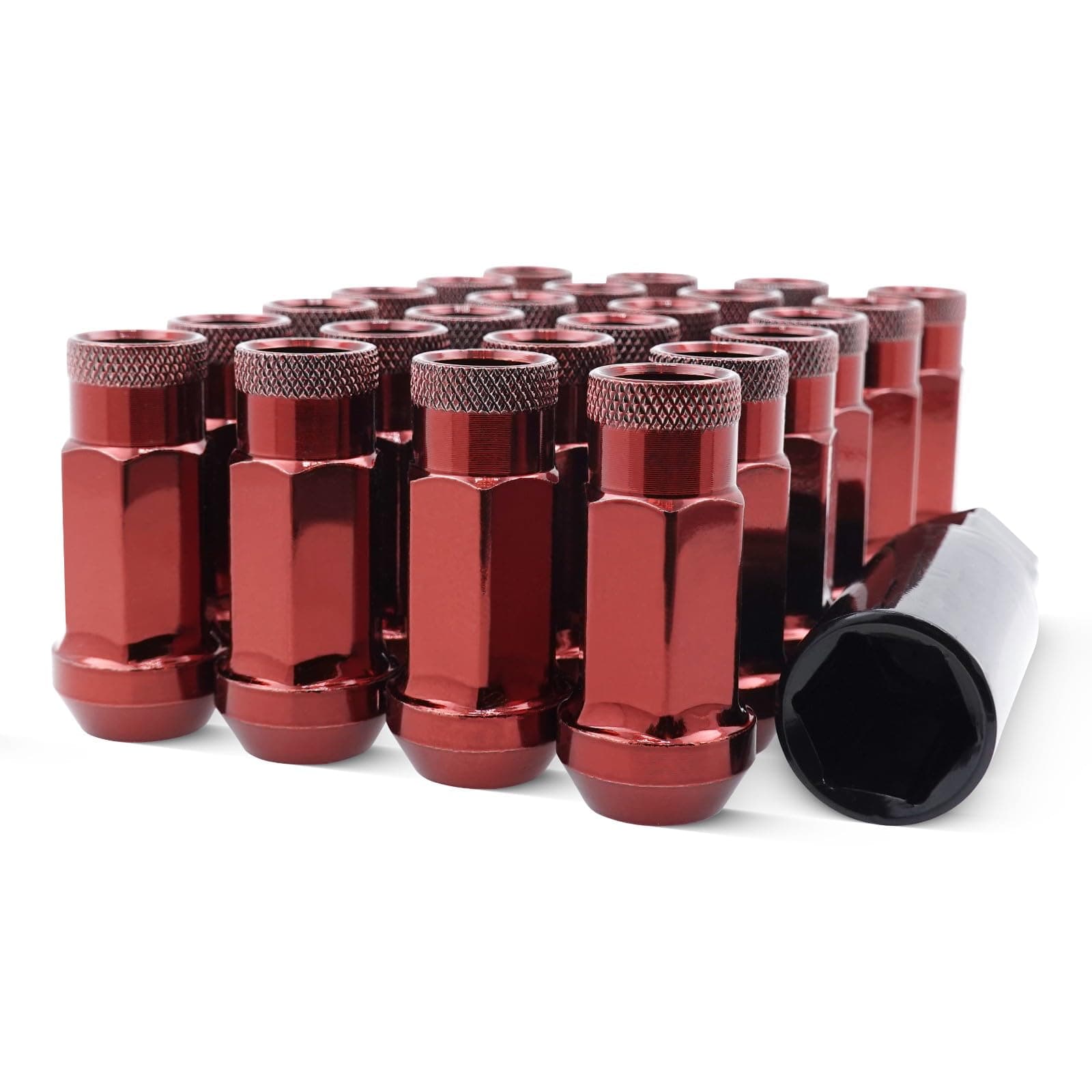 EZAccessory 14x1.5 Extended Tuner Lug Nuts 32 Pcs+Key Red Racing Open End for Chevy GMC Avalanch 2500