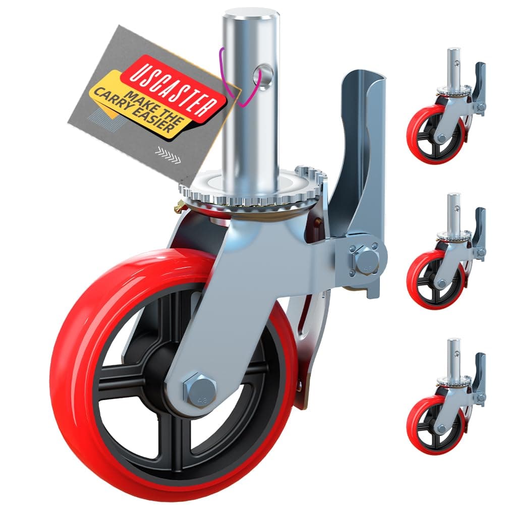USCaster 8 Inch Scaffolding Wheels with Cast Iron Core,A Set of 4 Scaffold Caster with Dual Locking Brakes, Heavy Duty 2480LBS Rubber Caters for Scaffold Workbench Shelves