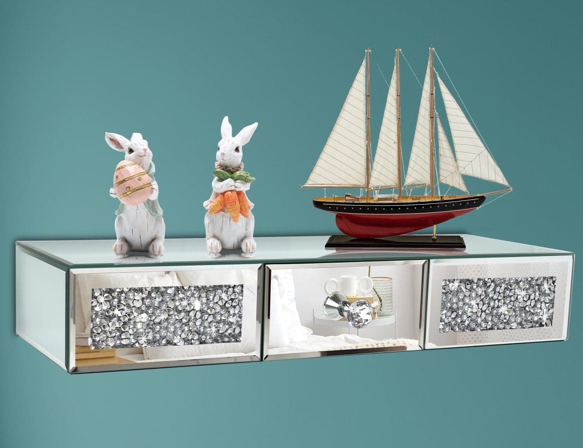 Mirrored Wall Shelf with Drawer, Crystal Diamond Floating Showcase, Silver Mirror Crushed Diamond Decorative Dressing Table, Gorgeous Bling TV Set, Wall Art Décor 23.9" L×8.3" W×4.3" H