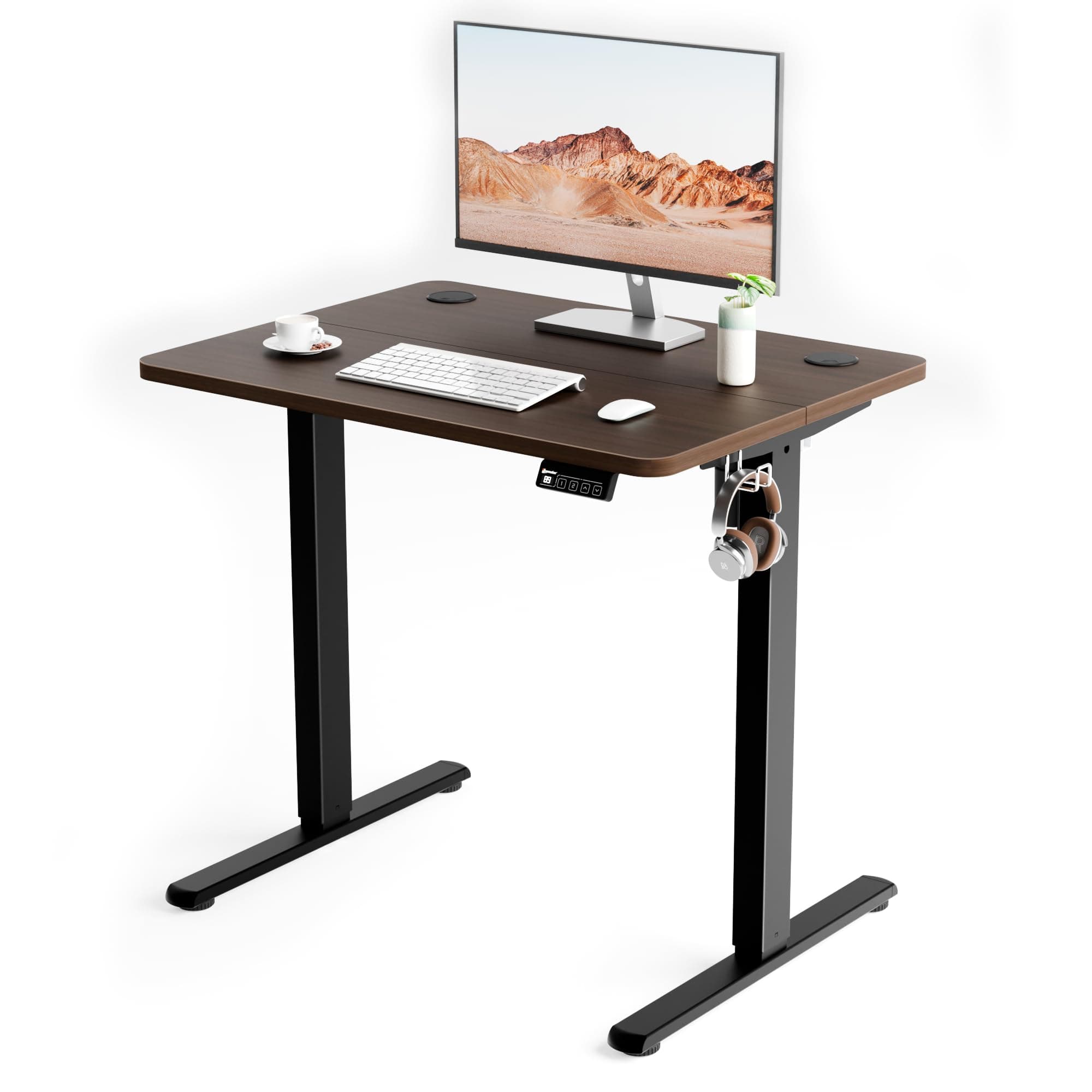ERGOMAKER Electric Standing Desk, 80 x 60 cm Height Adjustable Sit Stand Desk with Splice Board for Home Office, Computer Table Memory Preset (Black Frame, Walnut Desktop)