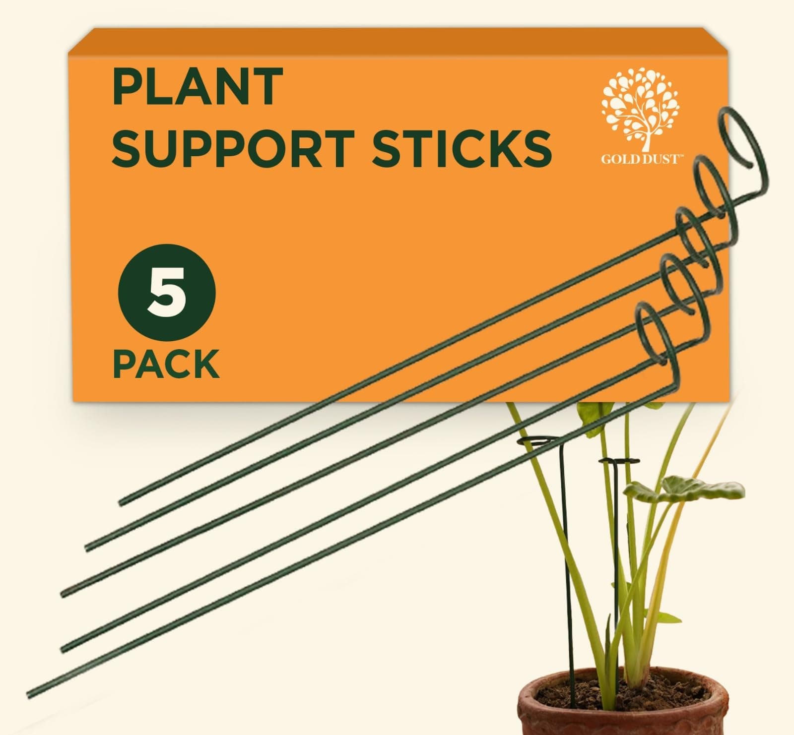 GOLD DUST Plant Support, 18 Inch (1.5 Ft Pack of 5), Sticks for Plants, Plant Holders for Balcony, Plant Holder Stick, Garden Stakes Metal, Money Plant Support Stick