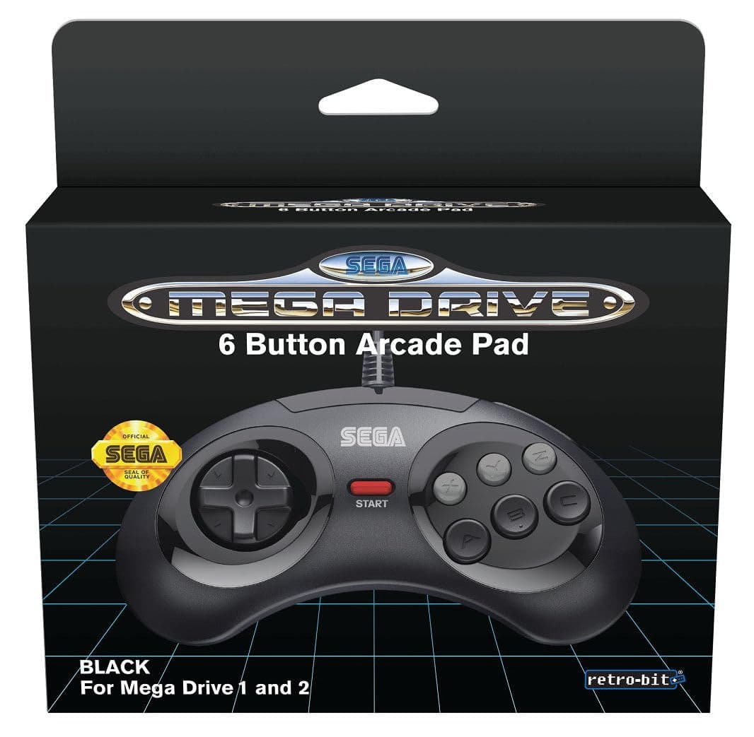 Retro-Bit Official SEGA Mega Drive Controller 6-Button Arcade Pad for Sega Mega Drive/Genesis - Original Port - Black
