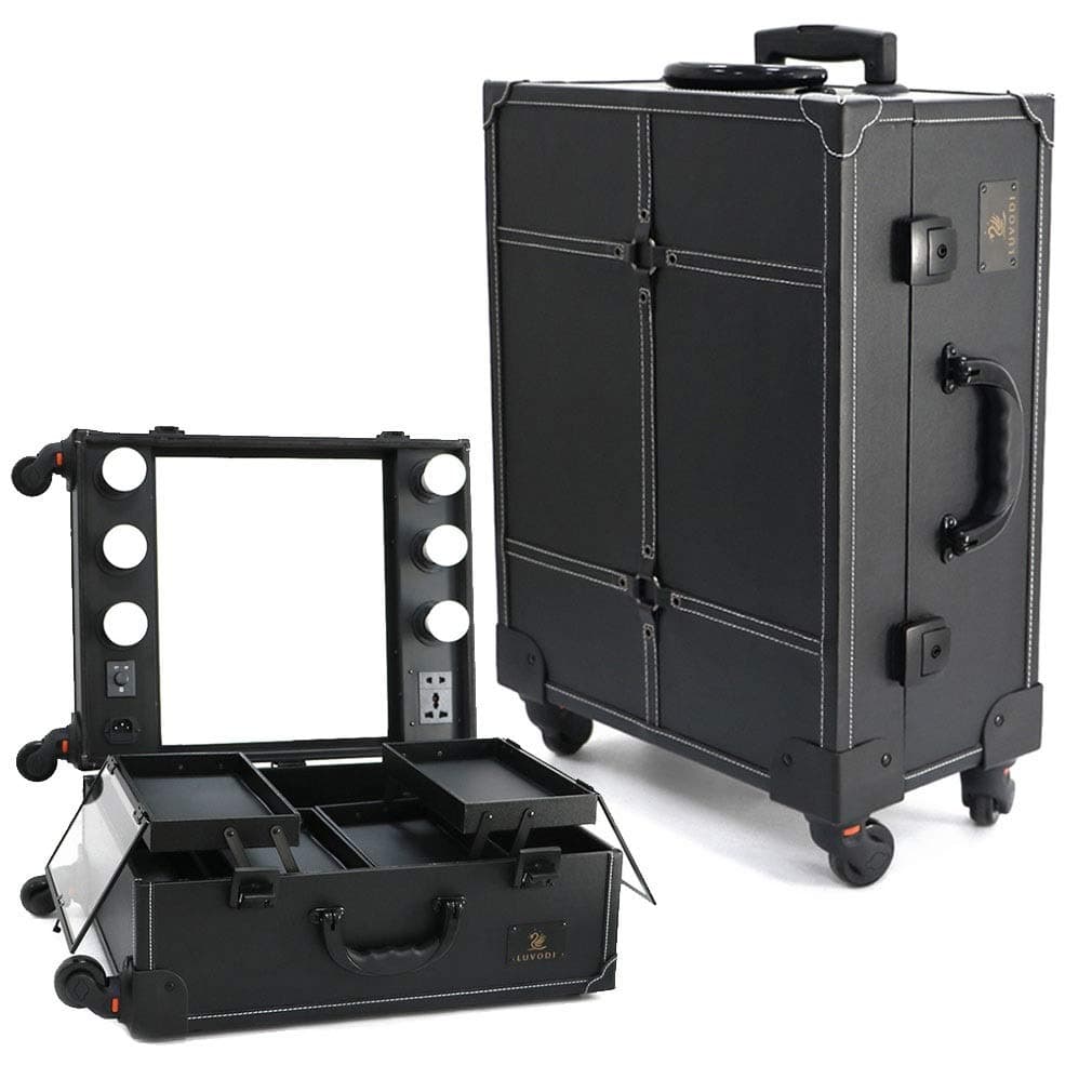 Wheeled Makeup Case with 6 Bulbs Lights Cosmetic Train Case Beauty Travel Box Black