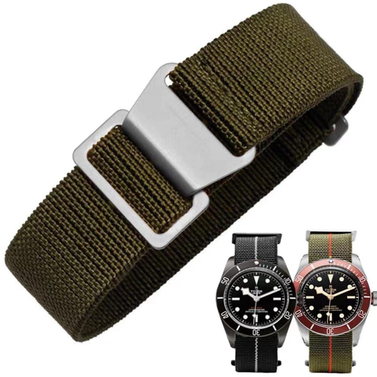French Troops Paratrooper Watchband,Military Elastic Nylon Watch Strap with Hook-and-Loop for Men Women Silver & Black Buckle 18/20/22mm