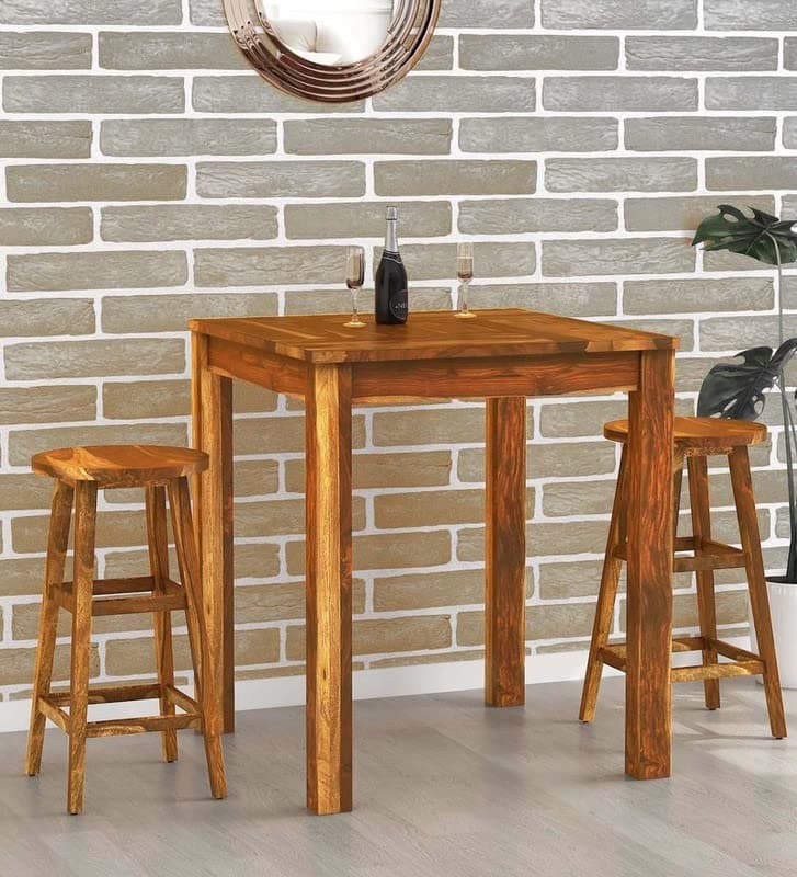 Sheesham Wood High Bar Dining Table Set with 2 Stools | Stylish Wooden Long Bar Table for Home Kitchen Furniture | Durable for Modern Dining and Entertaining Spaces (Rustic Teak)