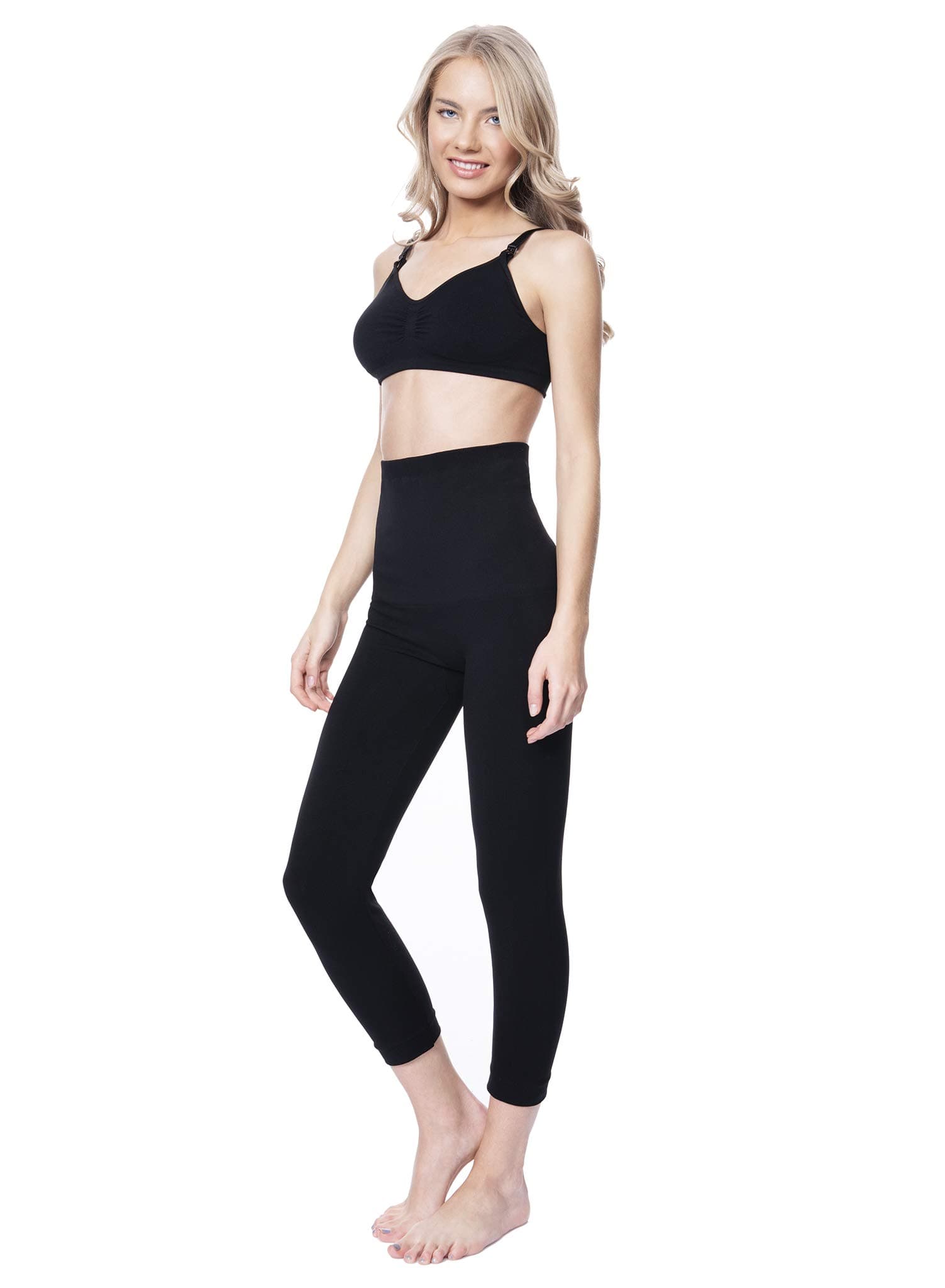 Postpartum High Waist Tummy Compression Control Slimming 3/4 Capri Leggings (Large, Black)