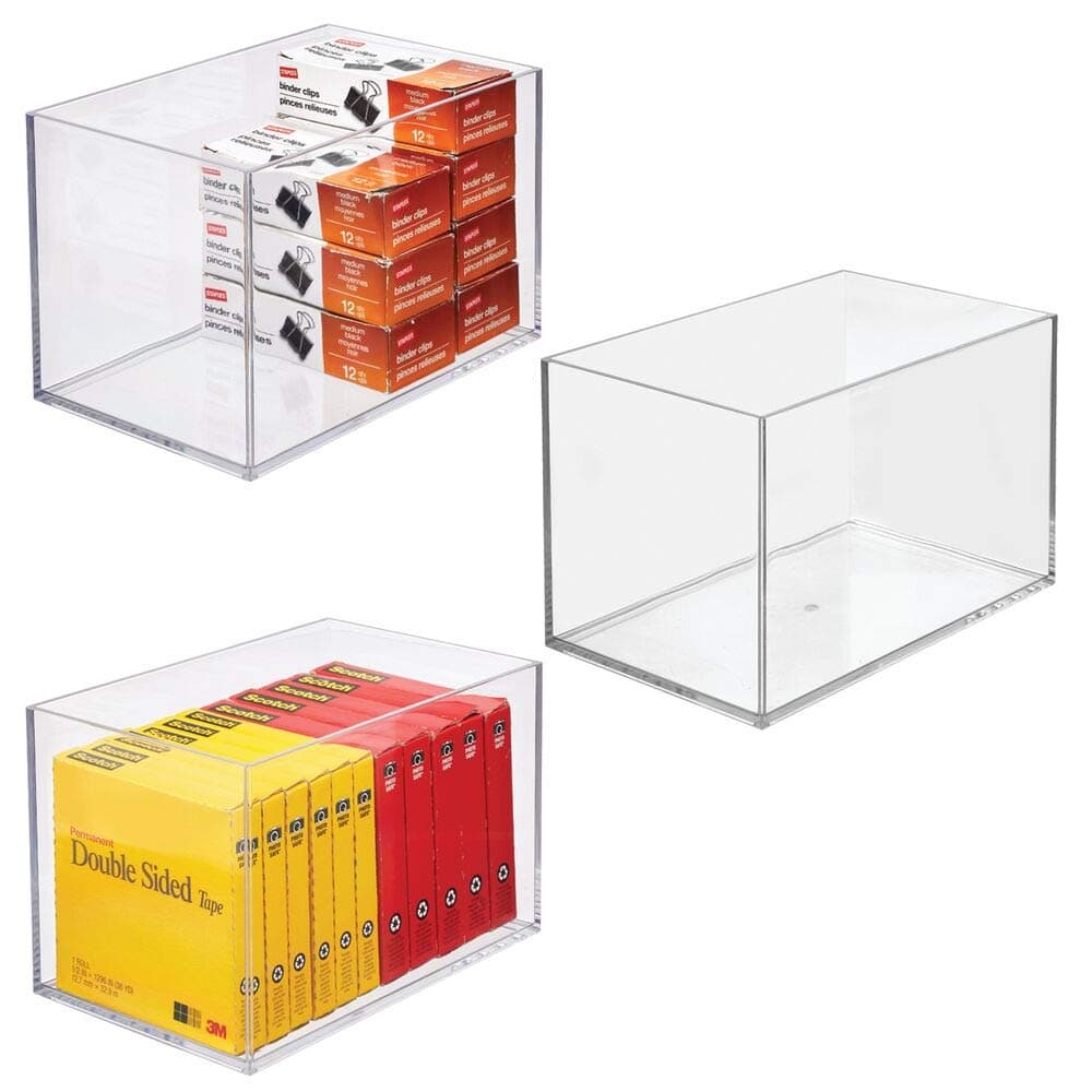 mDesign Plastic Home Office Storage Organizer Container - for Cabinets, Drawers, Desks, Workspace - Holds Pens, Pencils, Highlighters, Notebooks - 6" High - 3 Pack, Clear