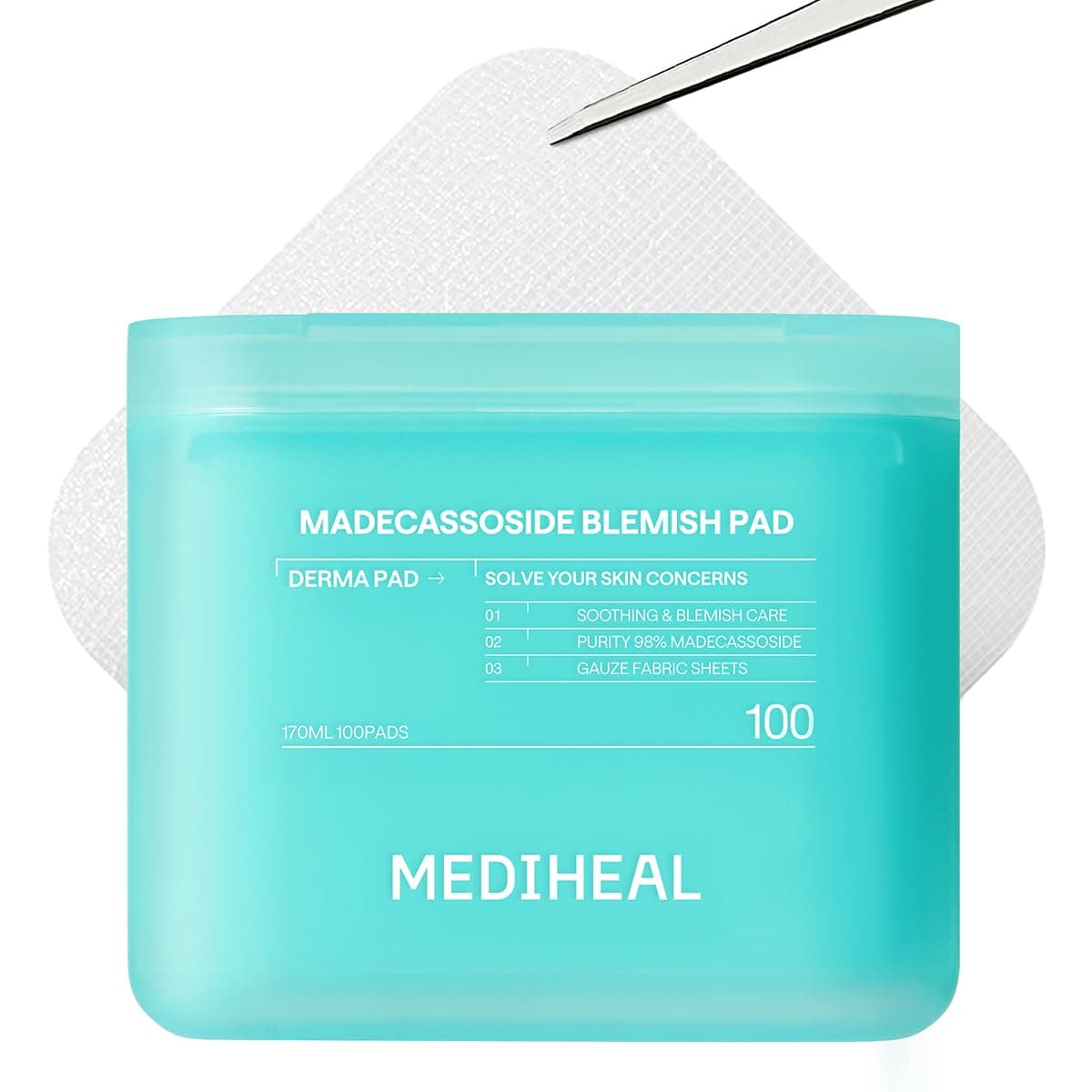 MEDIHEAL Madecassoside Blemish Pad, Square Cotton Facial Toner Pads with Centella Asiatica & Madecassoside, Korean Calming Toner Pads for Acne Blemish Care, Soothing Hydrating Facial Pads to Improve Uneven Skin Tone, Vegan (100 Pads, 170ml)