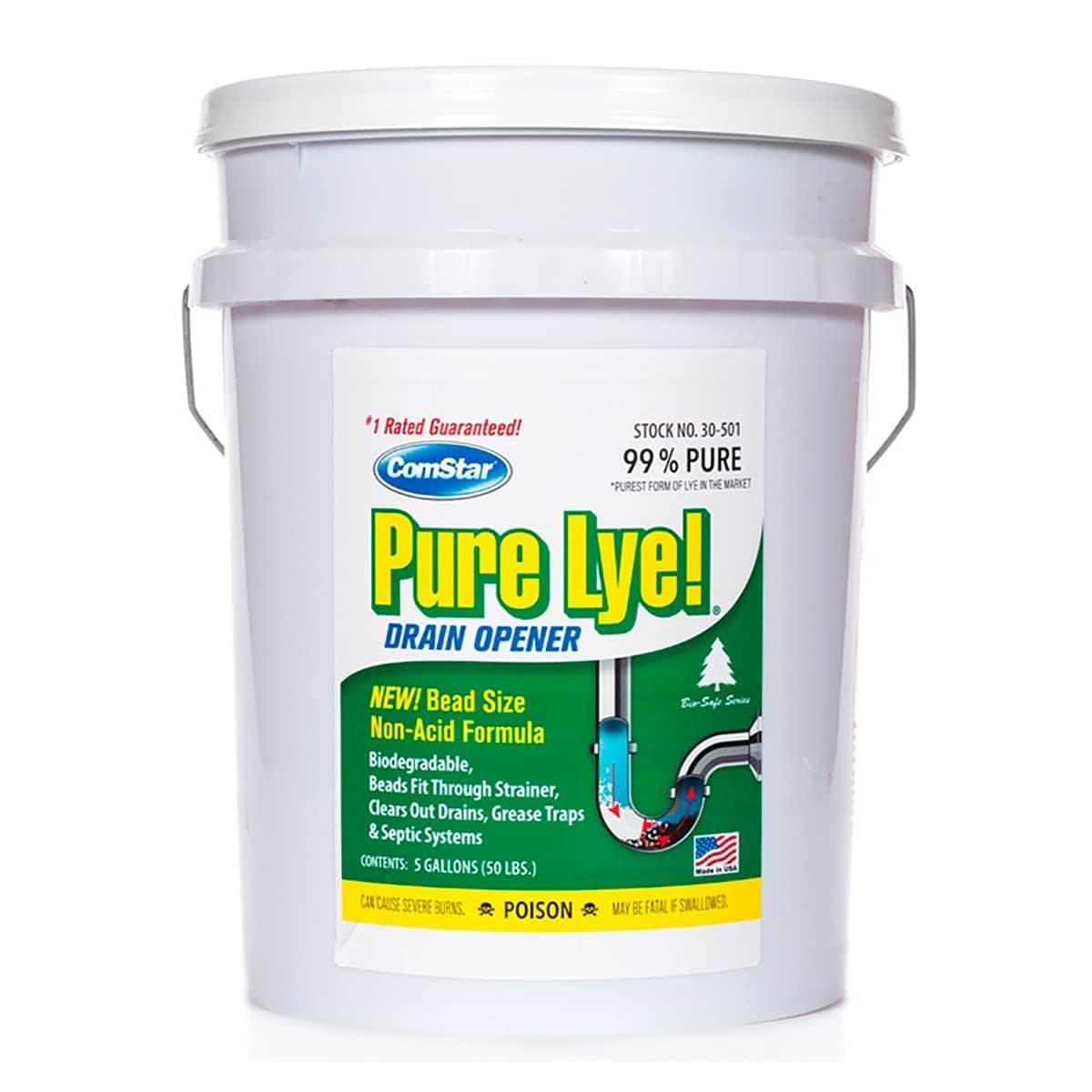 ComStar Pure Lye, 99% Pure Sodium Hydroxide Beads, Eco-Friendly, Industrial Strength, Biodegradable Drainer Opener, Safe On Fixtures, Static-Free, Unique Beads For Soap Making, 50 Pounds Pail (30-501)