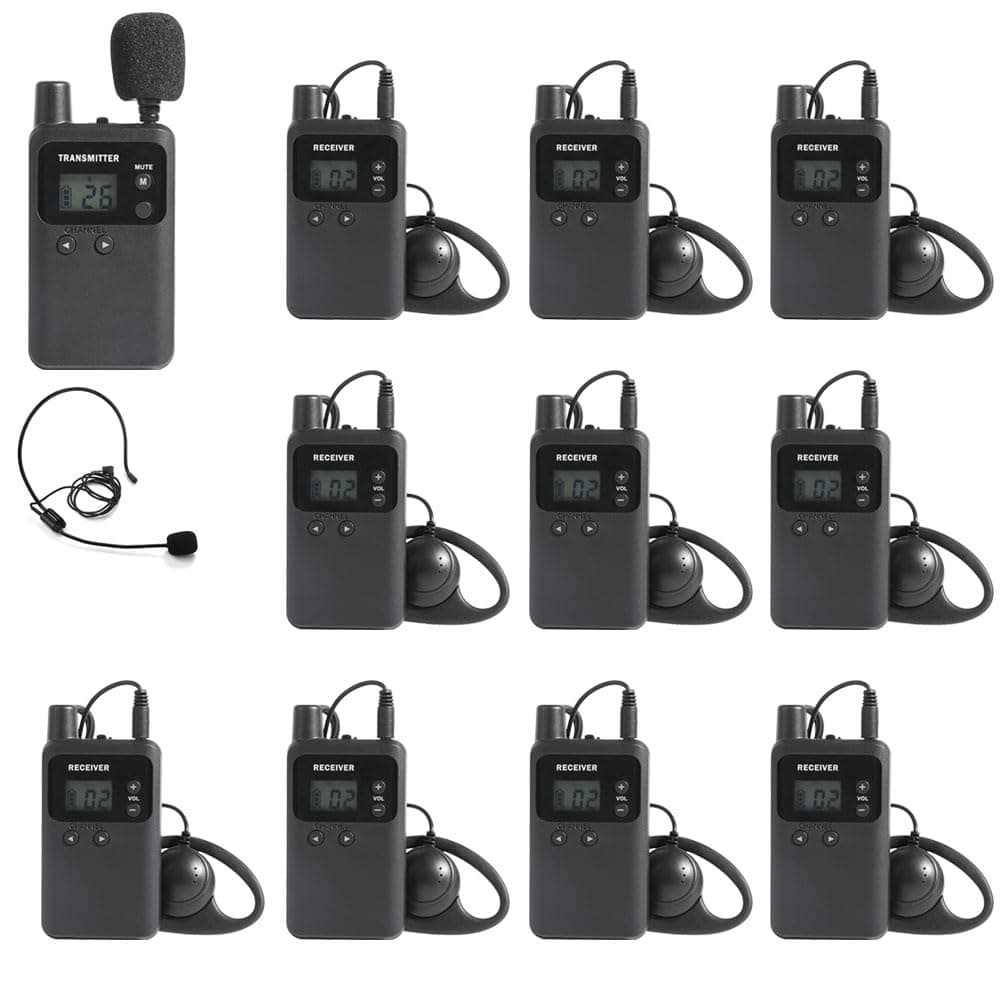AGJ Wireless Tour Guide System Rechargeable 1 Transmitter 10 Receivers (No Charger) Simultaneous Interpretation System Court Church Translation System for Training Factory Group Teaching Conference