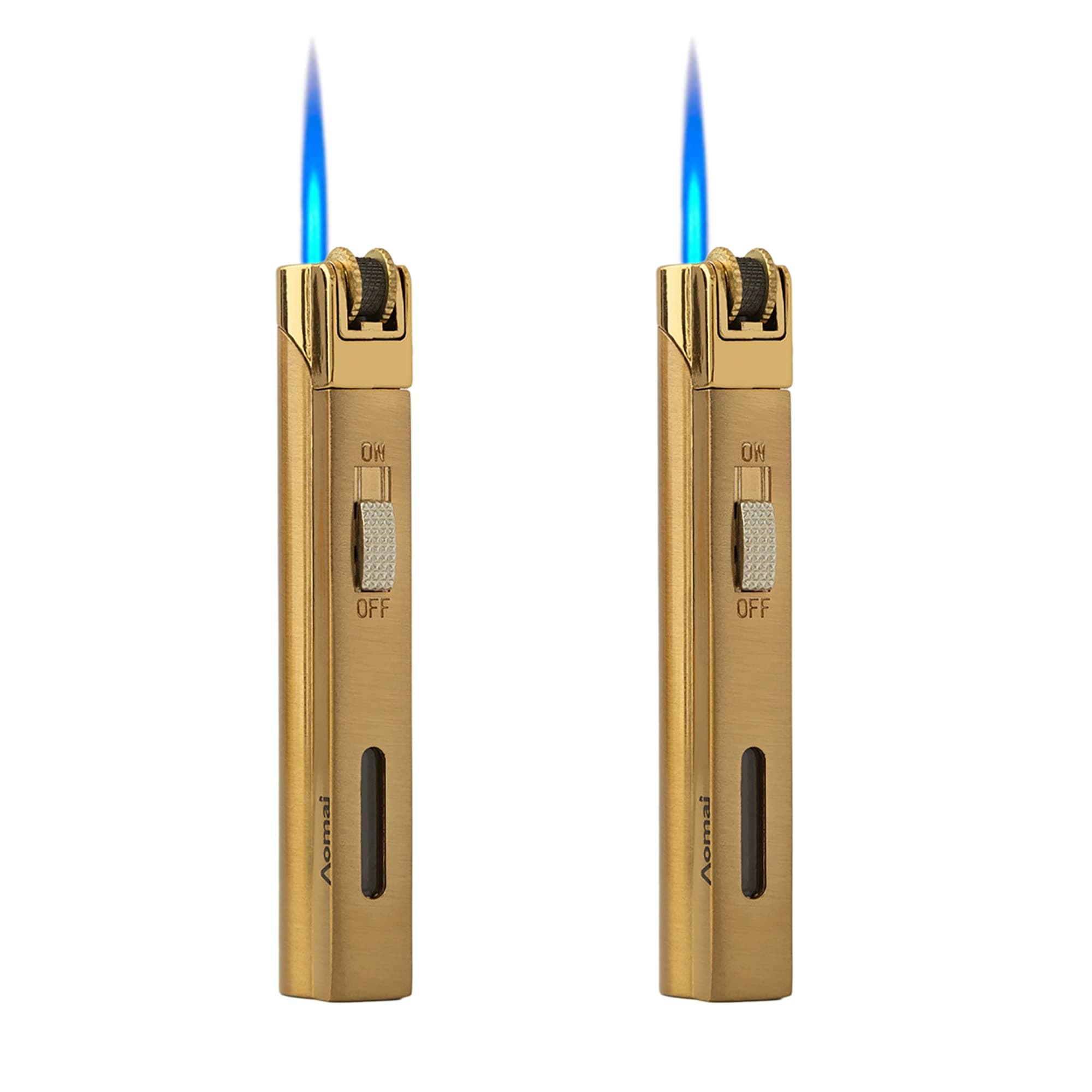 2 Pack Portable Torch Lighter Fuel Tank Visible Butane Refillable Single Jet Flame Lockable(No Gas) (Gold)