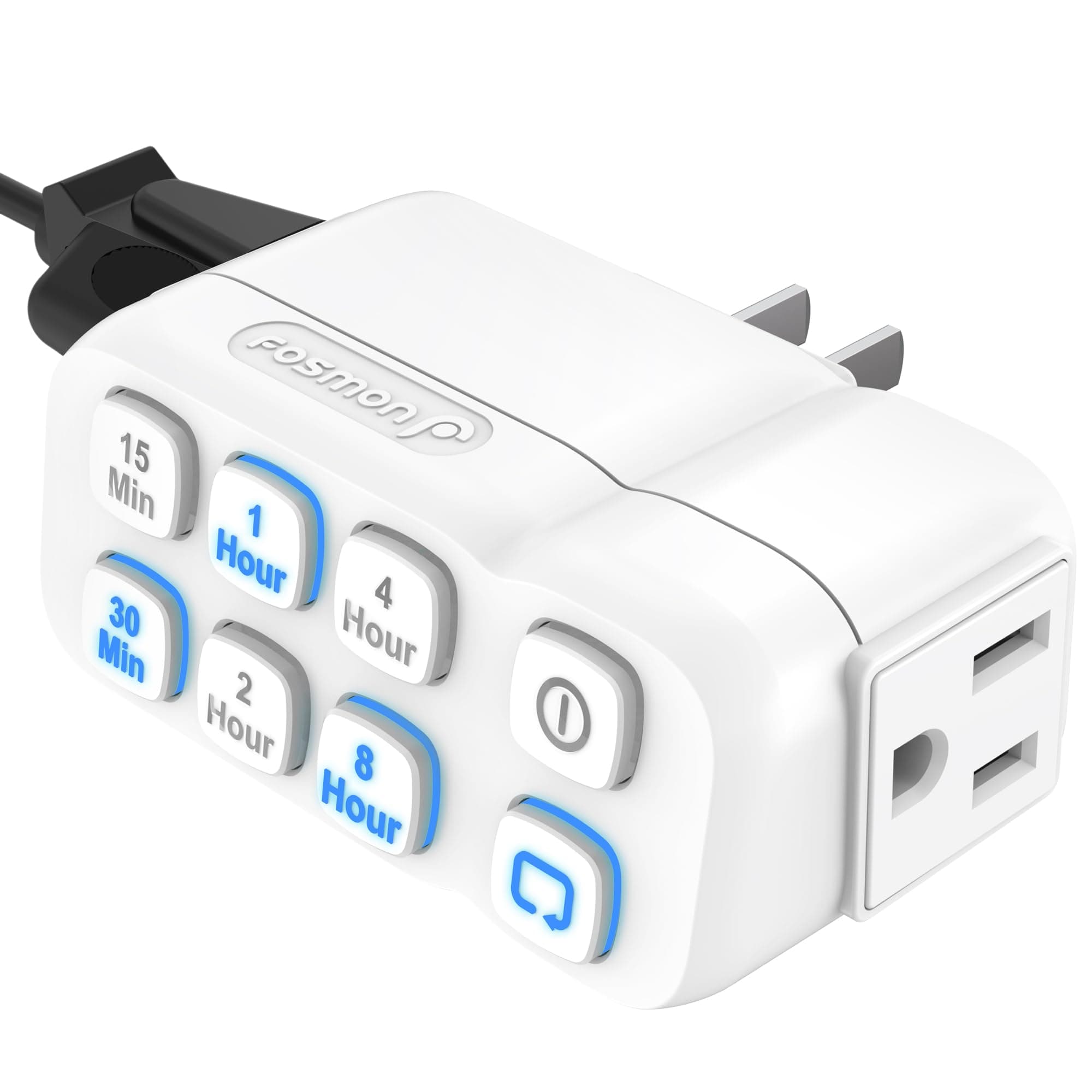 Fosmon Countdown Plug-in Timer Dual Outlet, Indoor Light Timer for Electrical Outlets, 15-30 Min, 1-2-4-8 Hour Settings, for Fan, Appliance, Lamp, Grounded, 3-Prong, 15A/1875W, ½ HP, ETL Listed
