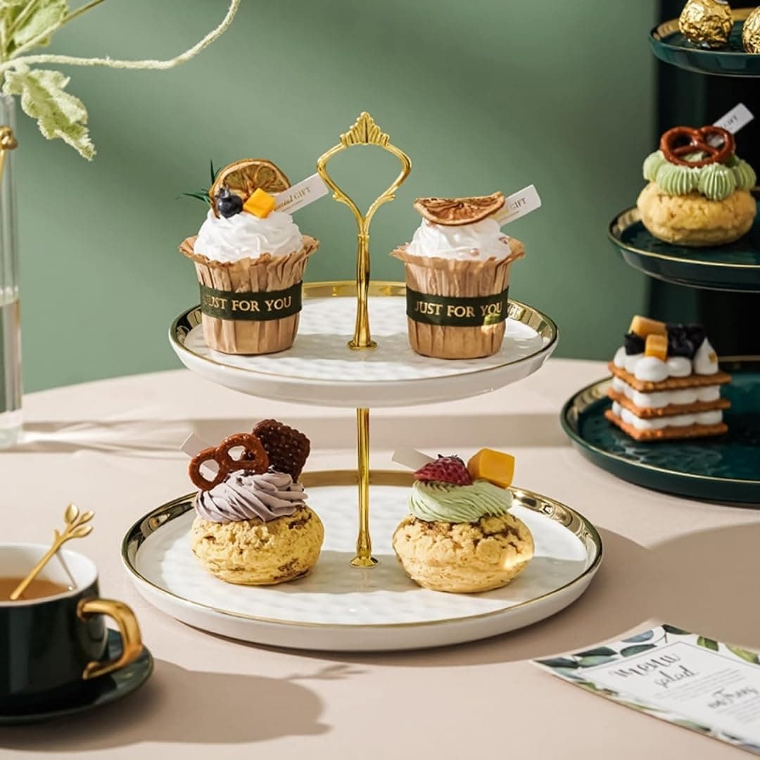 Elegant 2-Tier Ceramic Cupcake & Snack Stand, Emerald & White Ceramic, Golden Metal Rods - Perfect for Parties, Multi-Layer Serving Tray for High Tea & Dessert