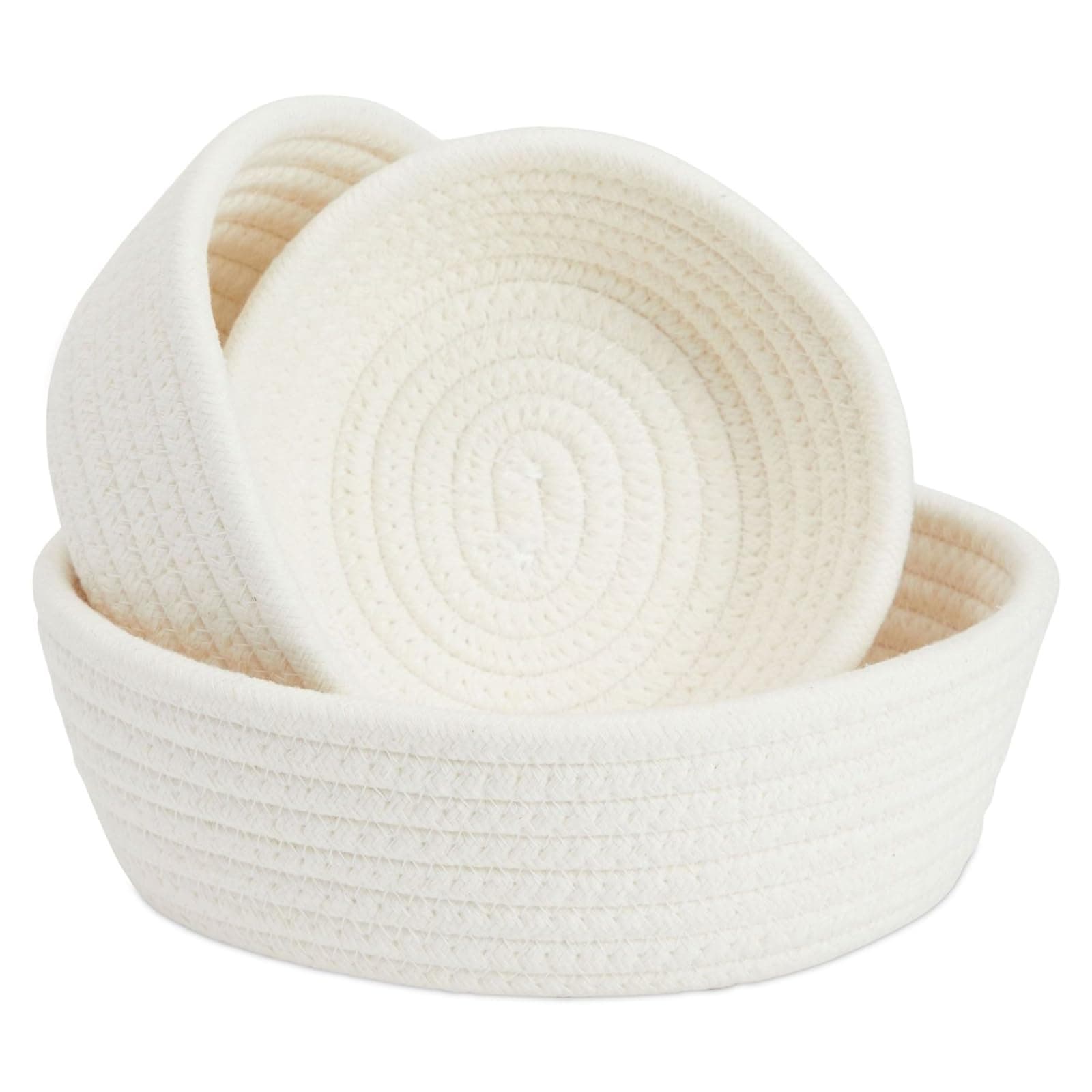Small Round Cotton Rope Storage Baskets - Nesting Storage Bin Pack - Cotton Woven Basket for Home Organizing - White, Pack of 3, 6.5 x 2.9 in/7.5 x 3 in/8.2 x 3.2 in