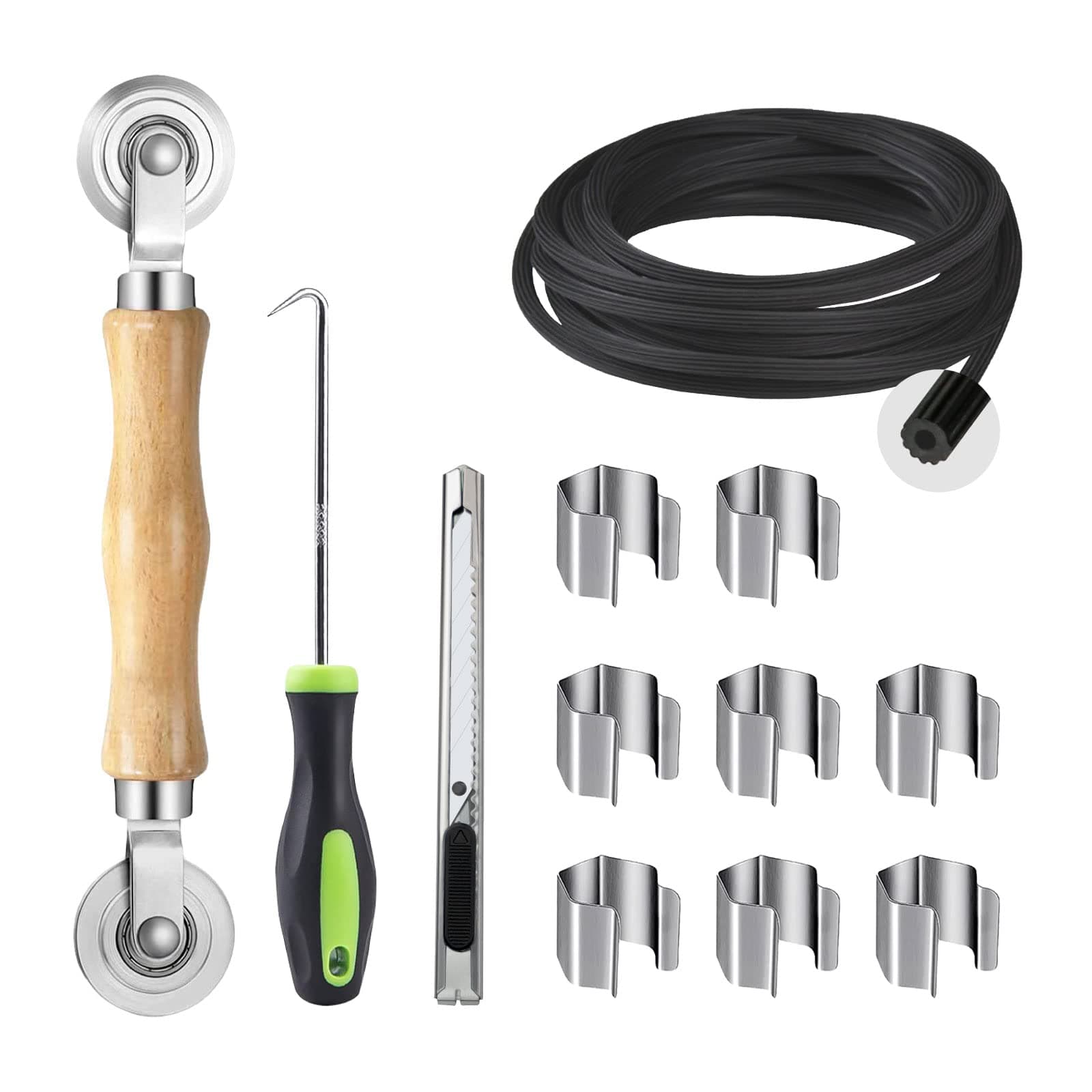 Screen Repair Kit, 5 in 1 Screen Tool - Screen Roller Tool, Spline Removal Hook,Screen Clips, Retainer Spline (32 ft) and Screen Cutter for Replacing & Installing Door and Window Screens