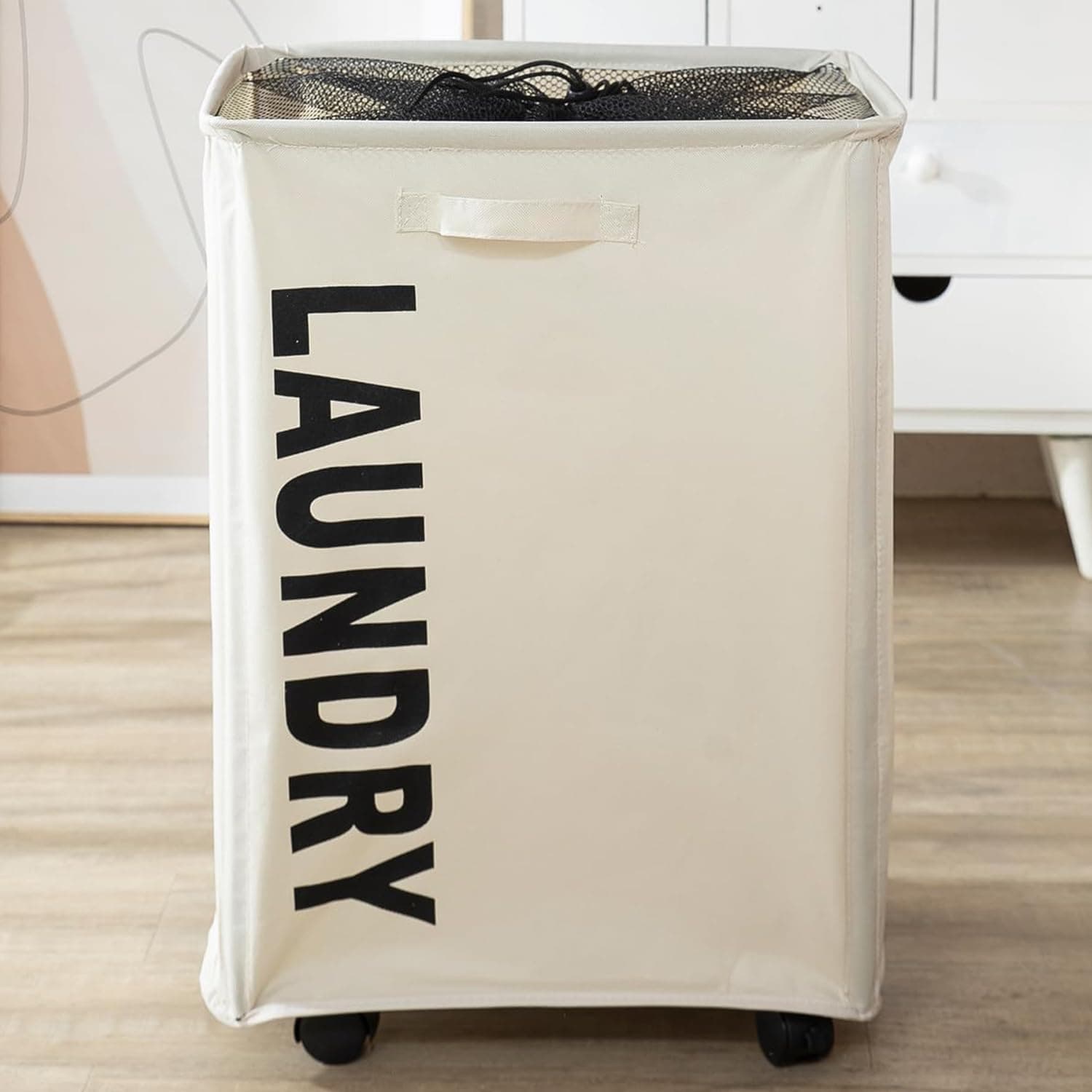- HOKIPO Large Laundry Basket Foldable Hamper With Wheels, Cream (AR-4858-CRM)