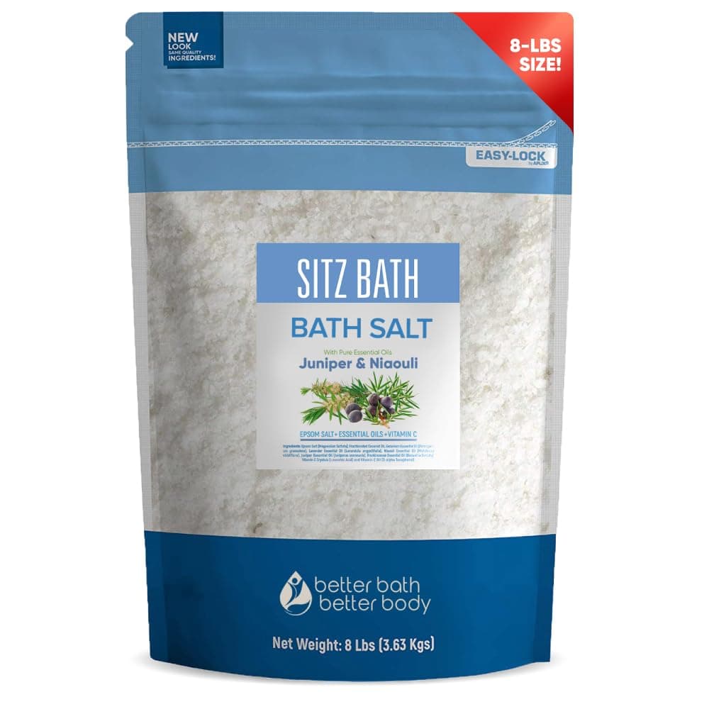 Better Bath Better Body Sitz Soak 3.6kg (3790ml) Epsom Salt With Niaouli, Geranium, Lavender, Frankincense, Juniper Essential Oils & Vitamin C Crystals - Now With Easy Press-Lock Pouch BPA Free