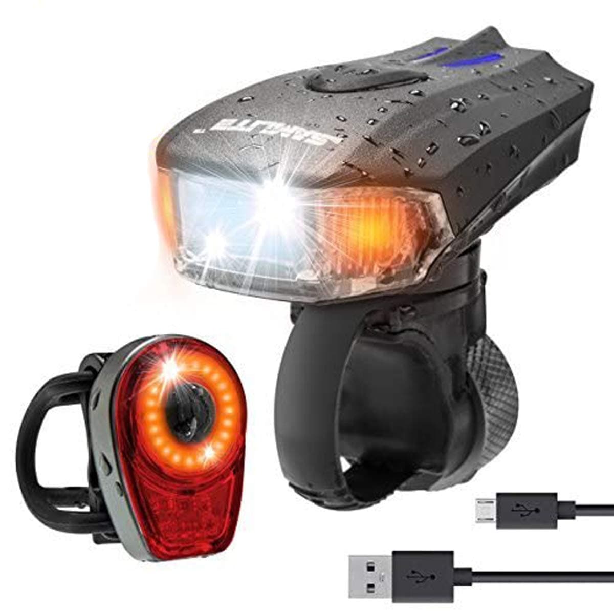 SAMLITE Best USB Rechargeable LED Bike Light Set Trip-LIT Super Bright 400 Lumens Headlight - LED Front Light with Free LED Tail Light Set, Two USB Charging Cables Included for Safety Cycling