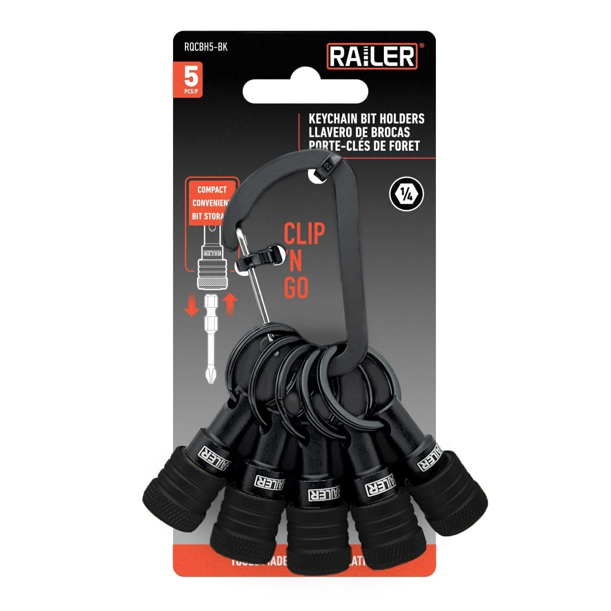 Bit Holder Keychain 5pc - 1/4 inch Hex Shank Bit Holders - Quick Release Bit Holder for Nut Driver, Screwdriver & Drill Bits w/Key Chain Carabiner