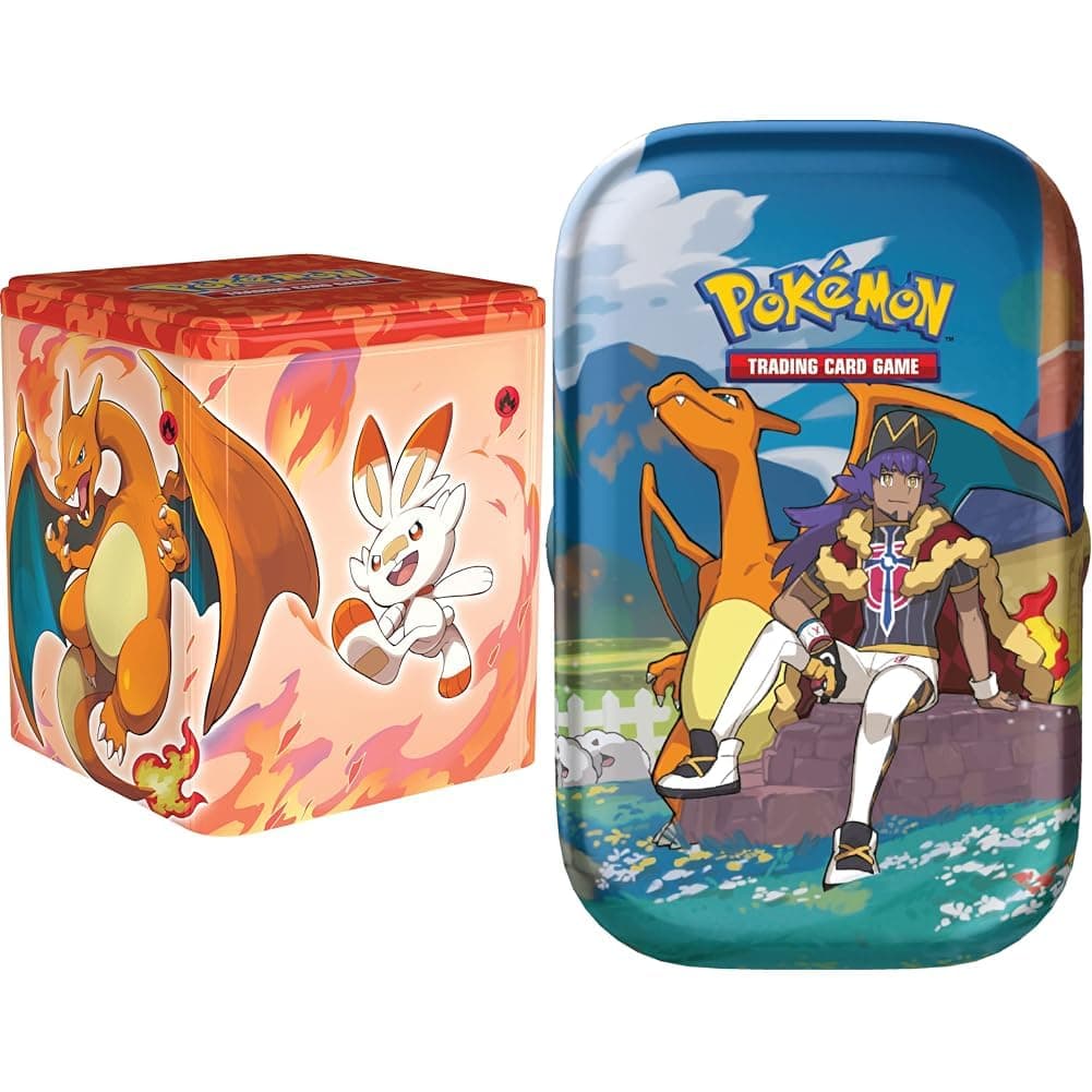 Pokémon TCG: Fire Stacking Tin - Charizard (3 booster packs & coin) & TCG: Crown Zenith Mini Tin – Leon & Charizard (2 Booster Packs & 1 Art Card)