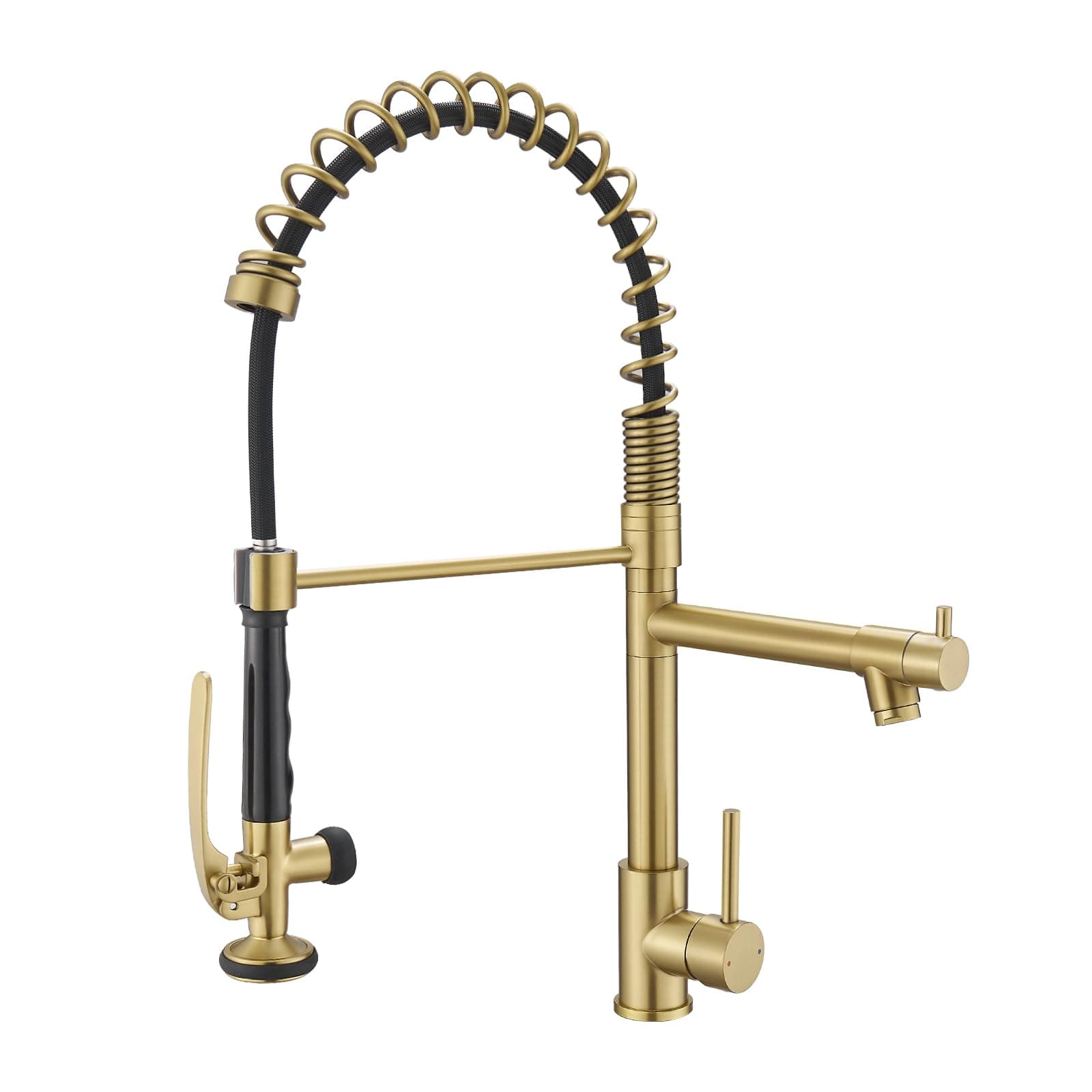 Brushed Gold Kitchen Faucet with Pull Down Sprayer, Commercial Brass Kitchen Faucet Single Handle Spring Faucets for Kitchen Sink Fapully