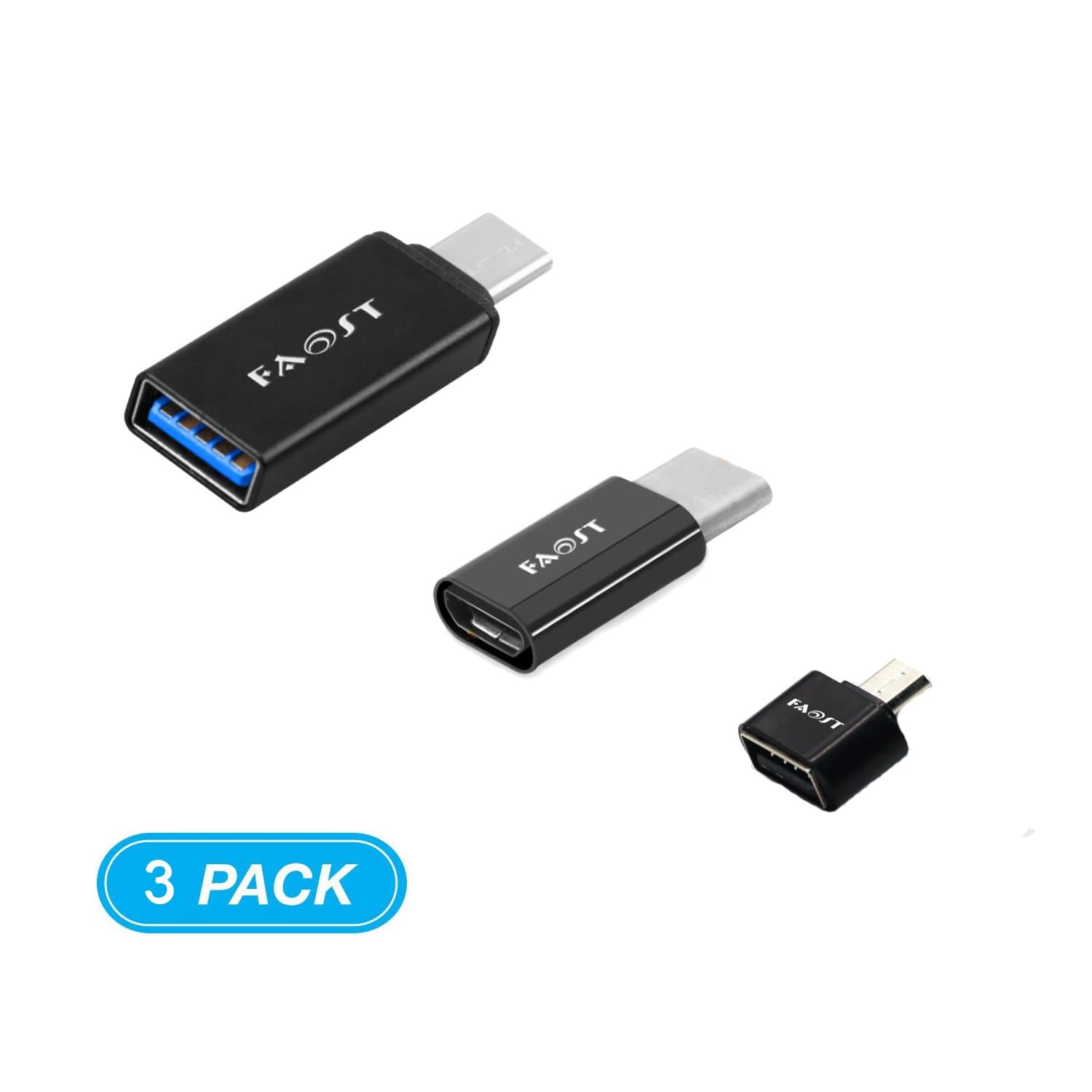 3 in 1 Pack,Faost Metal USB C to USB3.1 Adapter,C to Micro Adapter,OTG Adapter,Convert Connectors for MacBook Pro,Google Pixel XL,Apple,Sony,Samsung Galaxy S8 Nexus 5X 6P LG G5 G6 V20 Nintendo Switch,Huawei,usb Drive and More,Please Rest Assured to Buy (Black)