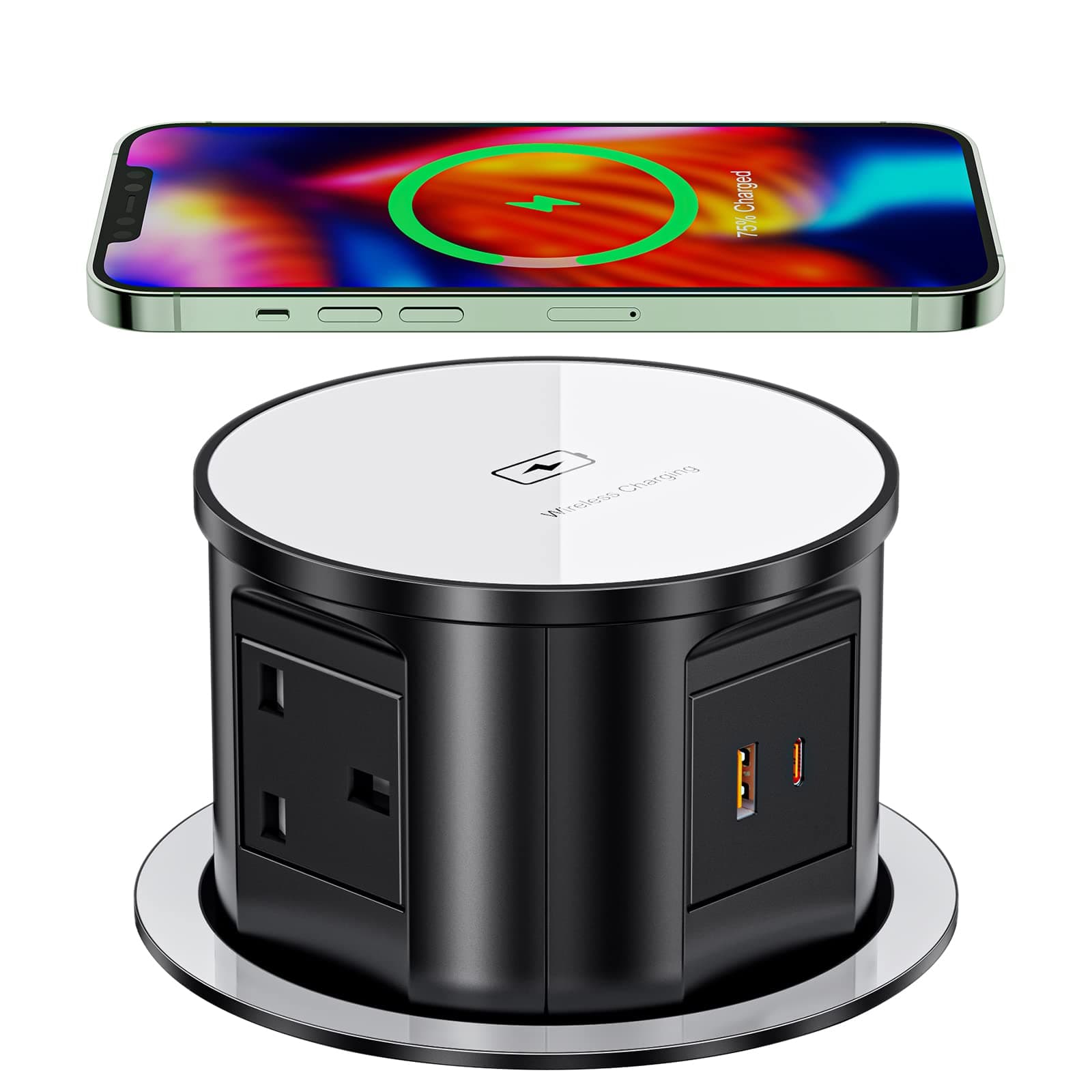 Pop up Socket for Kitchen Worktops, Hidden Recessed Power Socket with Wireless Charger, 4 UK Plug, USB C, 1,8M Cord, Black