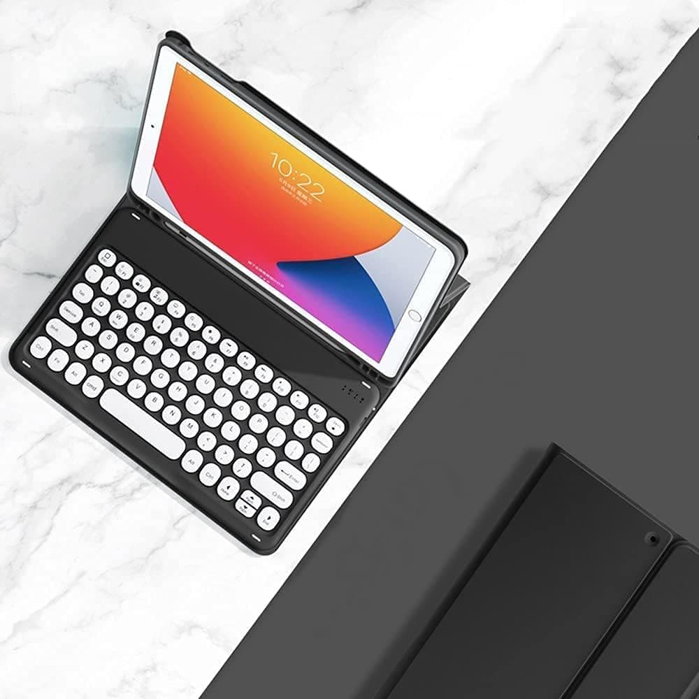 Keyboard Case for Galaxy Tab S9 FE/Tab S9/Tab S8/Tab S7, Slim Leather Folio Cover with S Pen Holder - Cute Round Keys Magnetically Wireless Detachable Keyboard (Black)