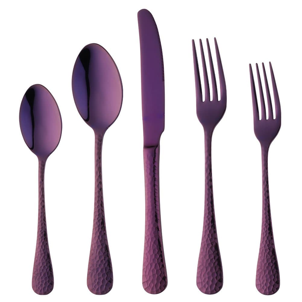 5-Piece Purple Silverware Flatware Set Service for 1 Stainless Steel Cutlery Set Include Dinner Knife Table Fork Table Spoon Salad Fork Tea Spoon for Wedding, Dishwasher Safe