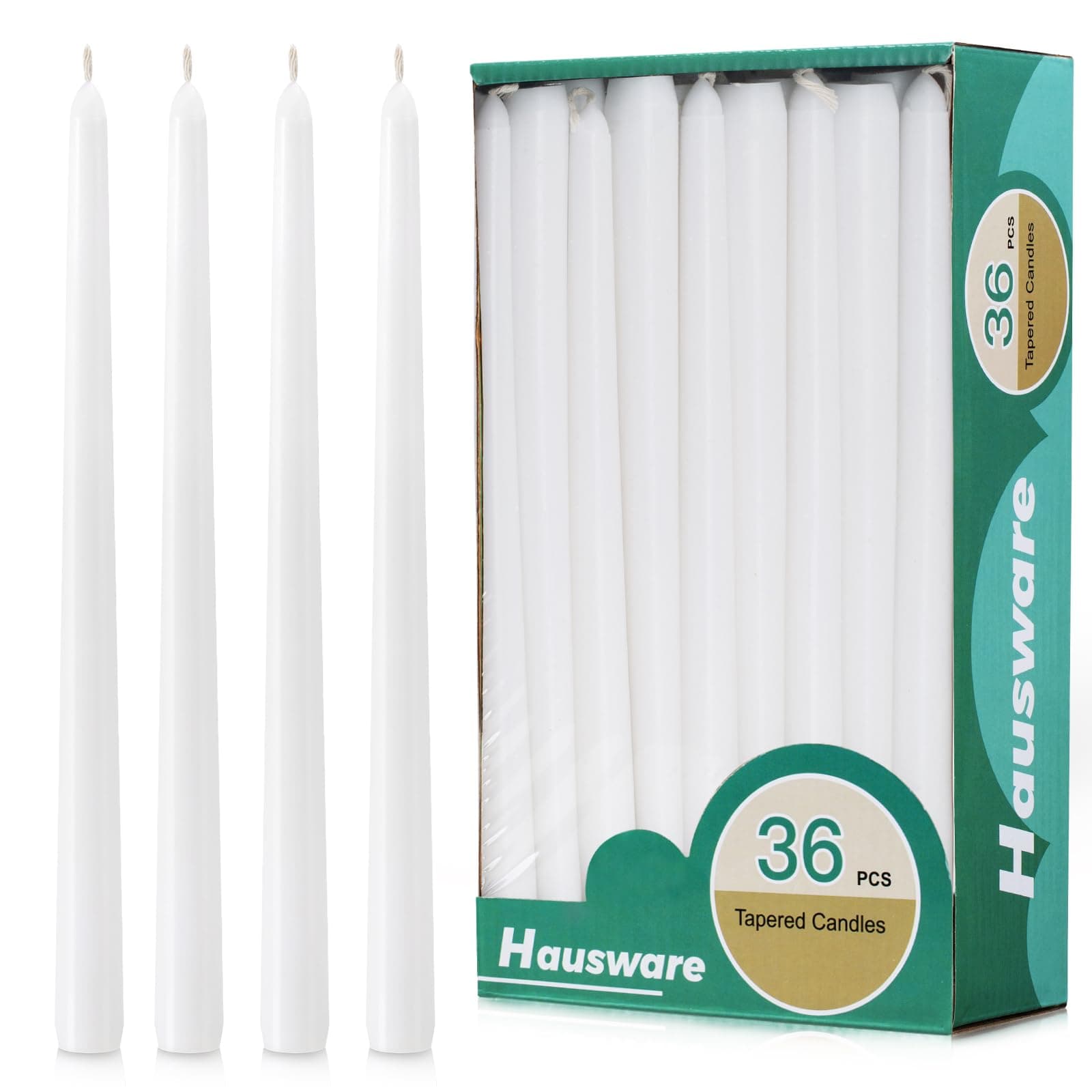 Hausware 36 Pack Taper Candles, 8 Hour Burn Time,Unscented Dripless and Smokeless, 10 inch Elegant Premium Quality Dinner Candle for Home Décor, Restaurant, Wedding, Party Candlesticks (White)