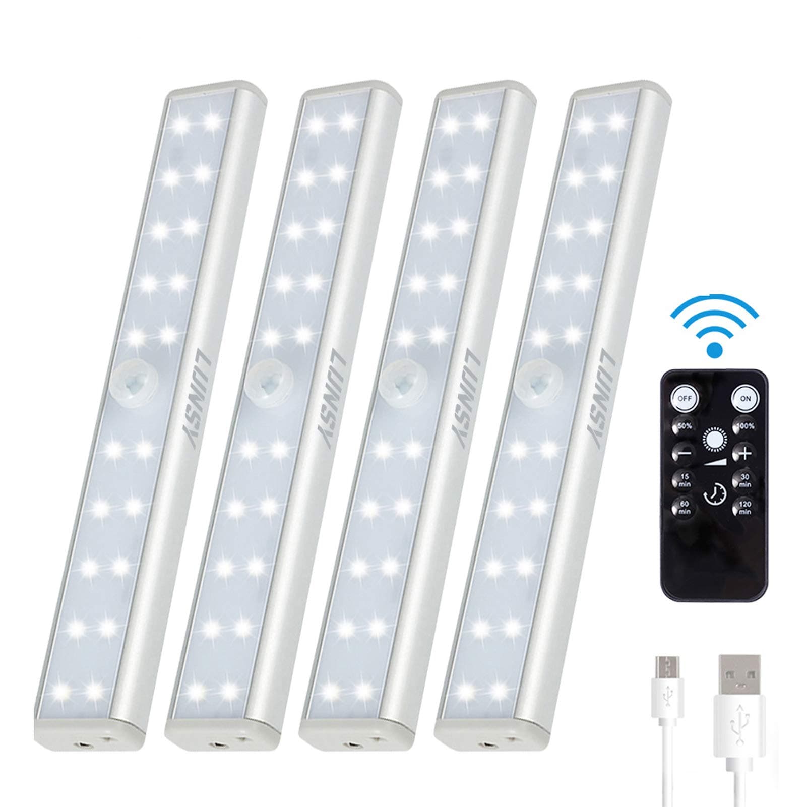 20LED Under Cabinet Lighting with Remote 4Pack, Rechargeable Battery Operated, Dimmable,140lm, Timmer,Wireless Closet Light Bar