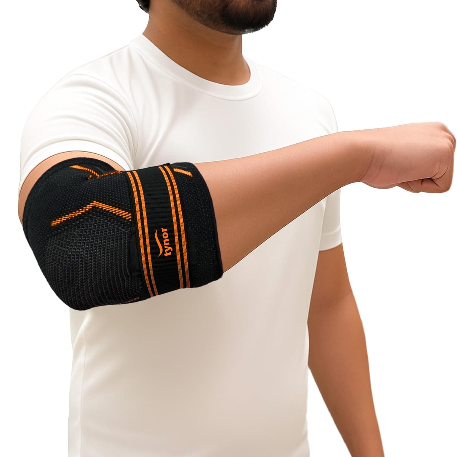 Elbow Brace Compression Support for Women & Men - Elbow Support Sleeve for Elbow Treatment, Workouts, Weightlifting, Stretchable Straps for Perfect Fit - Black & Orange, XL, 1 Unit