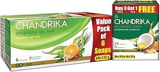 Chandrika Glycerine Soap Pack Of 6, 125g Each & Ayurvedic Handmade Soap, 125g (Pack Of 3) With Free 75g