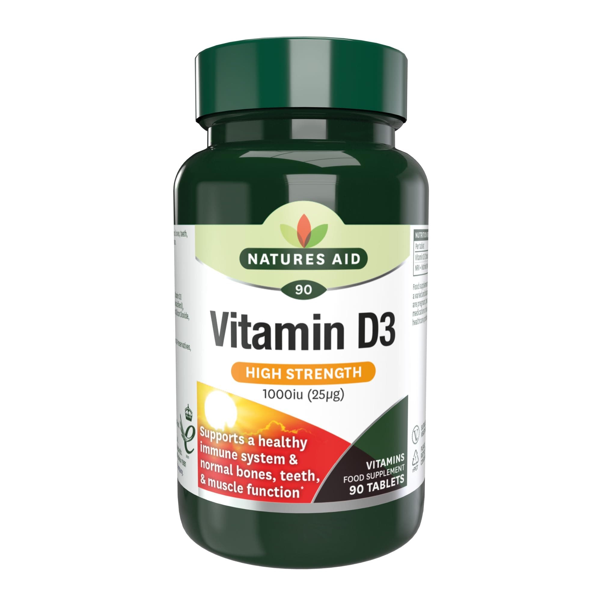 Natures Aid Vitamin D3 1000iu - High Strength 25ug Supplement Support for Bone, Teeth, Muscle & Healthy Immune System - Vegan, Non-GMO, Gluten-Free - Essential Nutrient - 90 Tablets