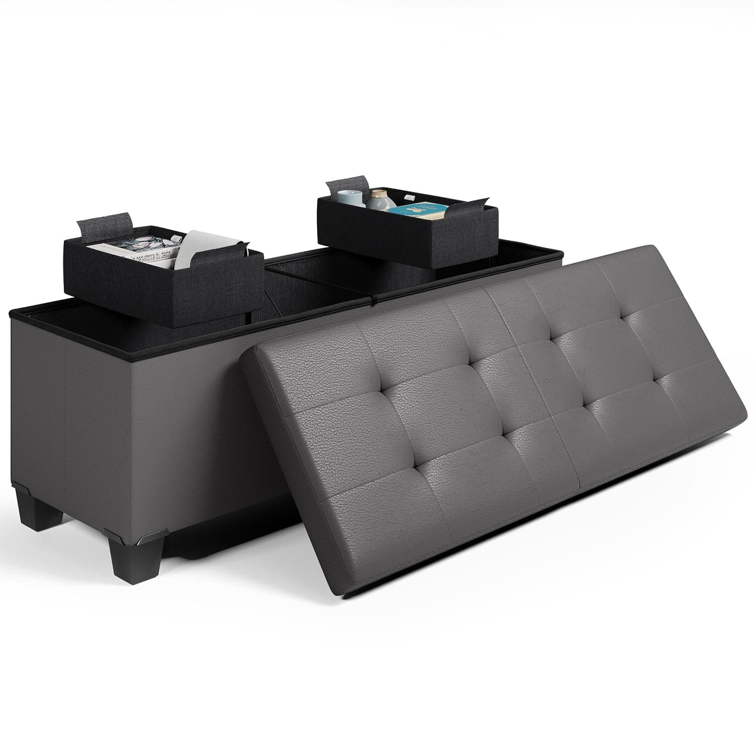 STORAGEBUD Storage Ottoman Bench with Bins, 43-in Storage Bench for Bedroom End of Bed, Folding Foot Rest Ottoman for Living Room Max 660lbs, Faux Leather Ottomans, Grey