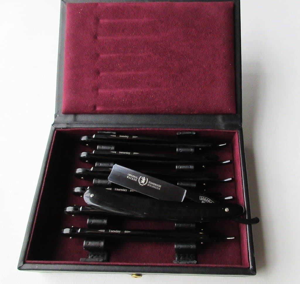 Wacker 7 Day SET, 5/8" Straight Razors, Slight Barbers Notch Tip, Black Plated Blade, Black Horn Scales, Gold Plated