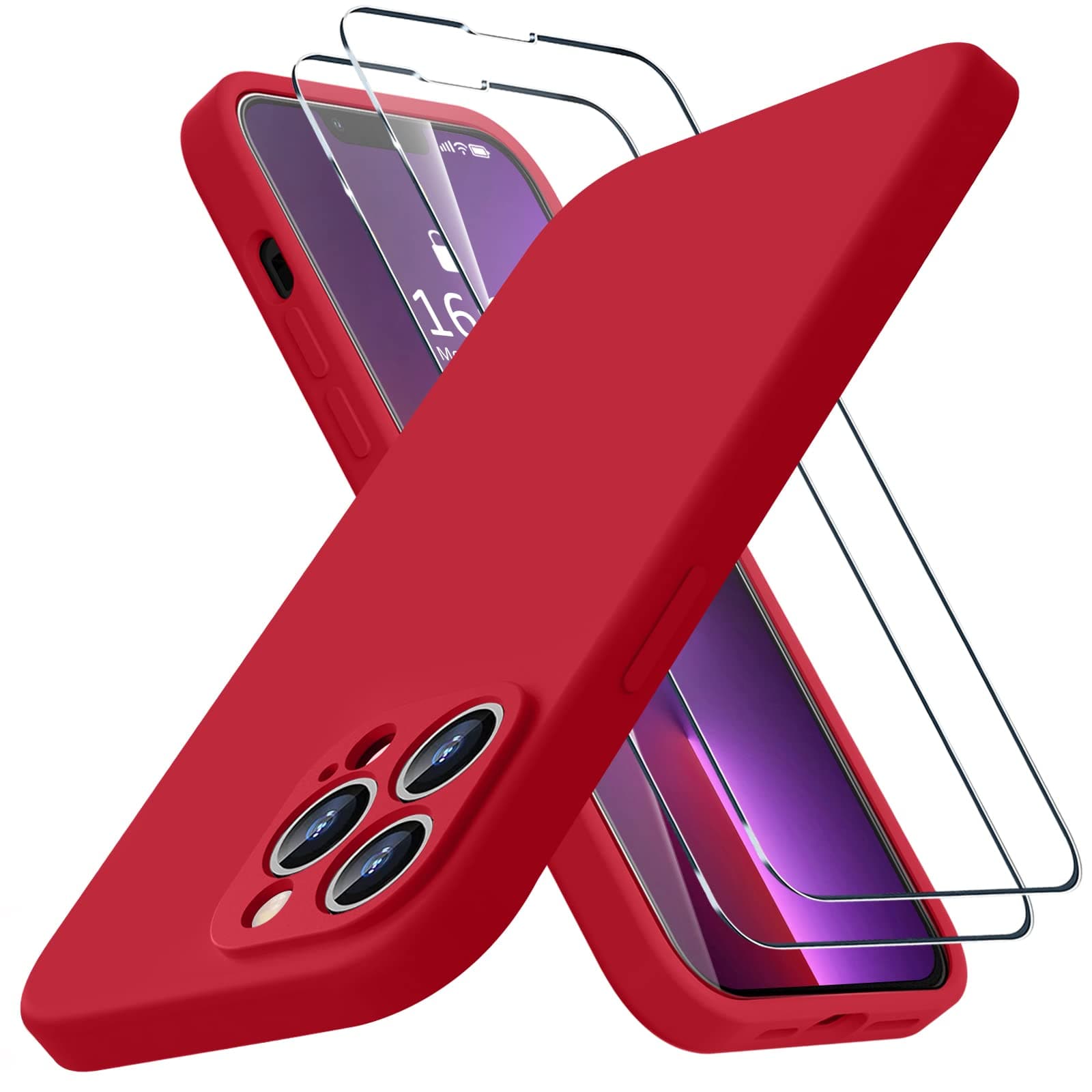 BossKiss Compatible with iPhone 13 Pro Max Case, Premium Liquid Silicone Case [Velvety Touch] [2 Pcs 9H Tempered Glass Screen Protector], Camera All-Round Protection Shockproof Kit Case, Red