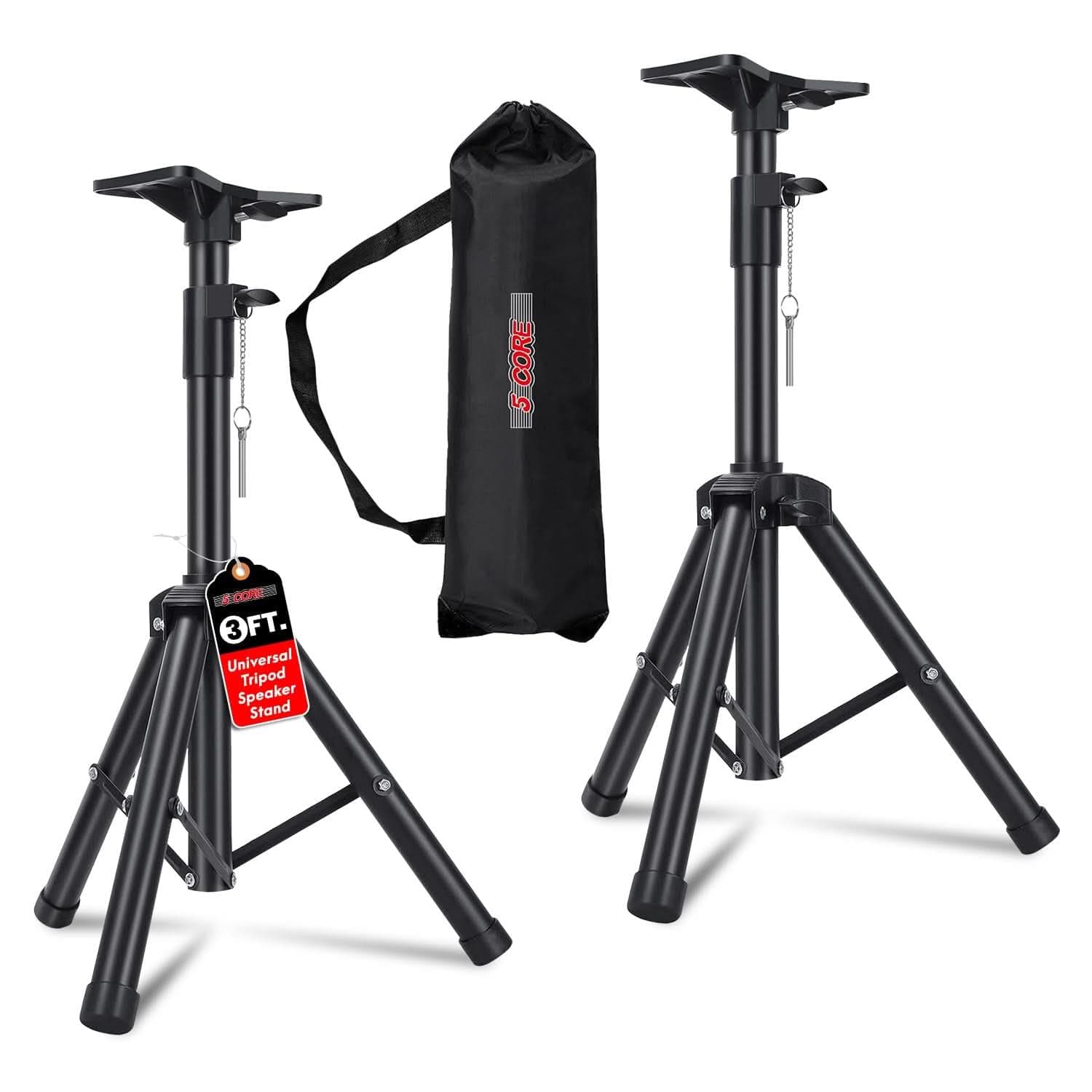 Speaker Stand Tripod Heavy Duty Adjustable Pair for PA DJ Stage & Event Telescoping Height up to 36″ Universal 35 mm Mount with Carry Bag (Black)